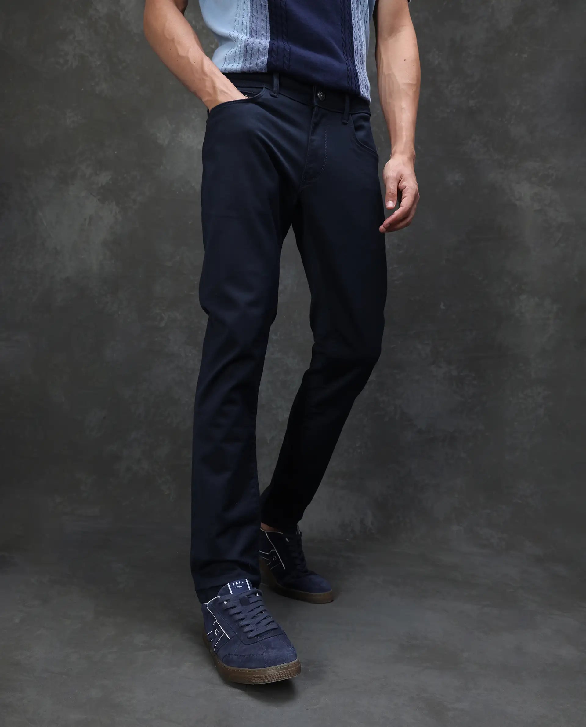 Rare Rabbit Men's Cordon Dark Navy Cotton Plain Hawk Slim Fit Jeans