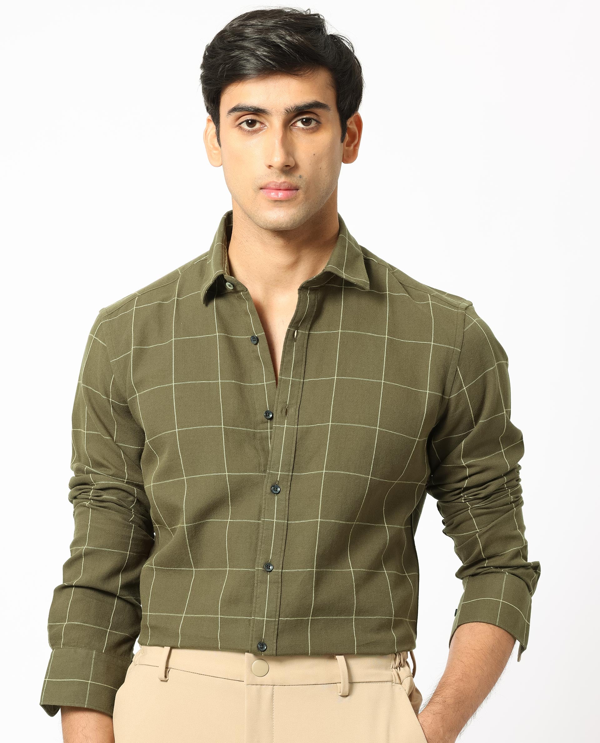 Rare Rabbit Men's Corneto Olive Cotton Fabric Full Sleeves Checks Shirt