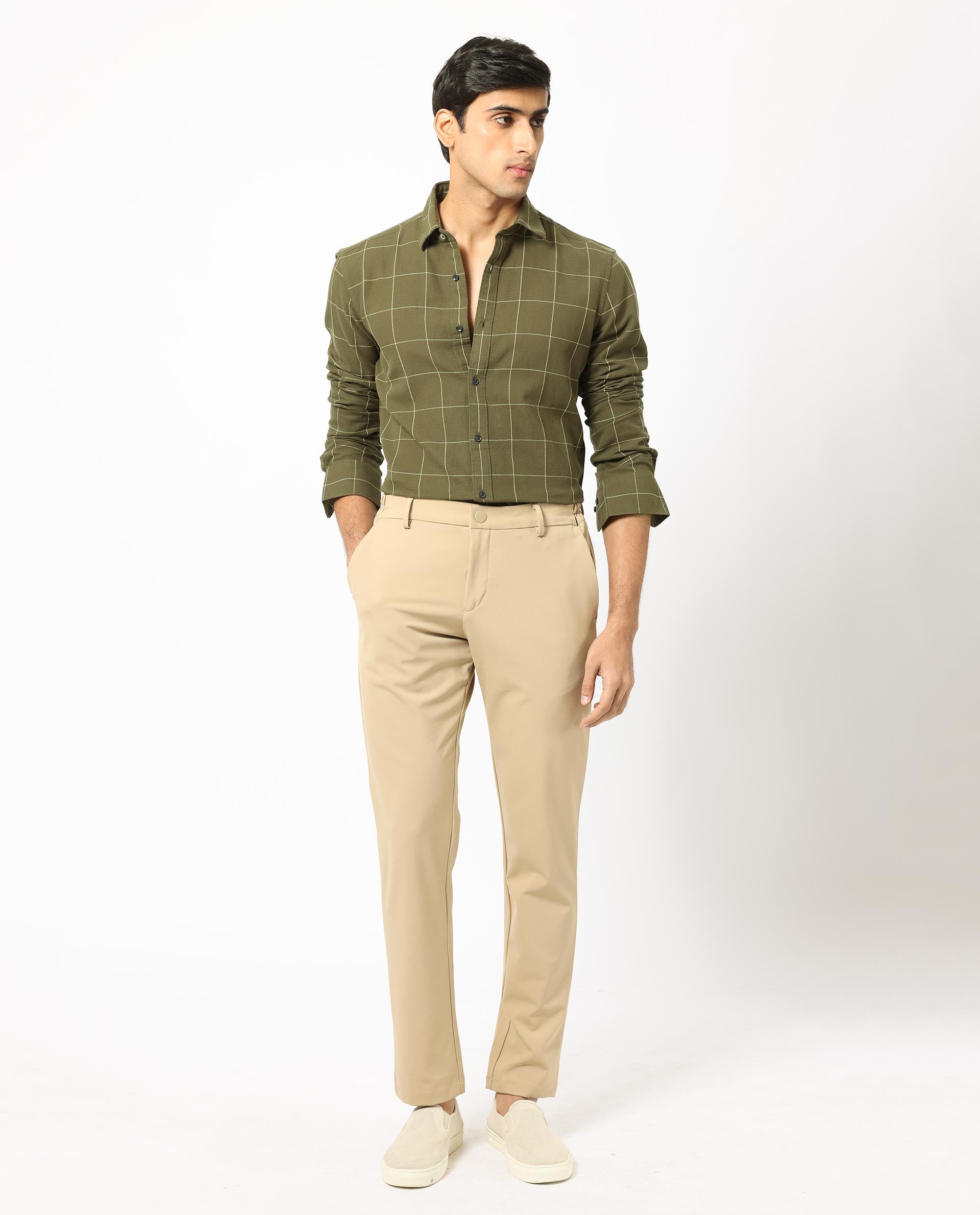 Rare Rabbit Men's Corneto Olive Cotton Fabric Full Sleeves Checks Shirt