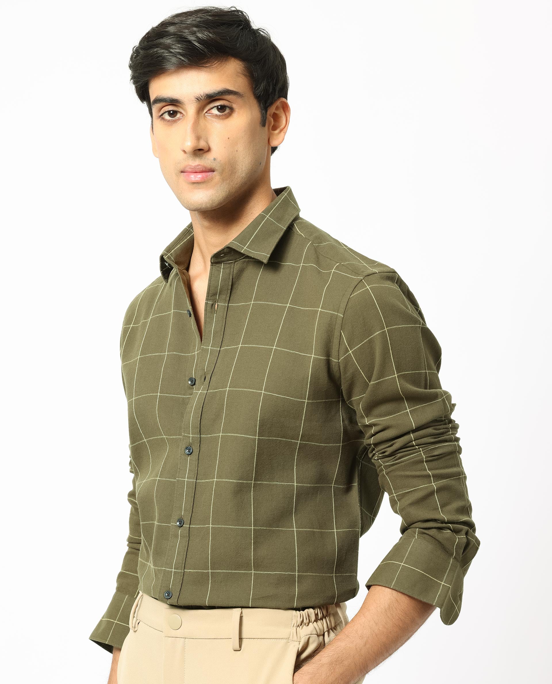 Rare Rabbit Men's Corneto Olive Cotton Fabric Full Sleeves Checks Shirt