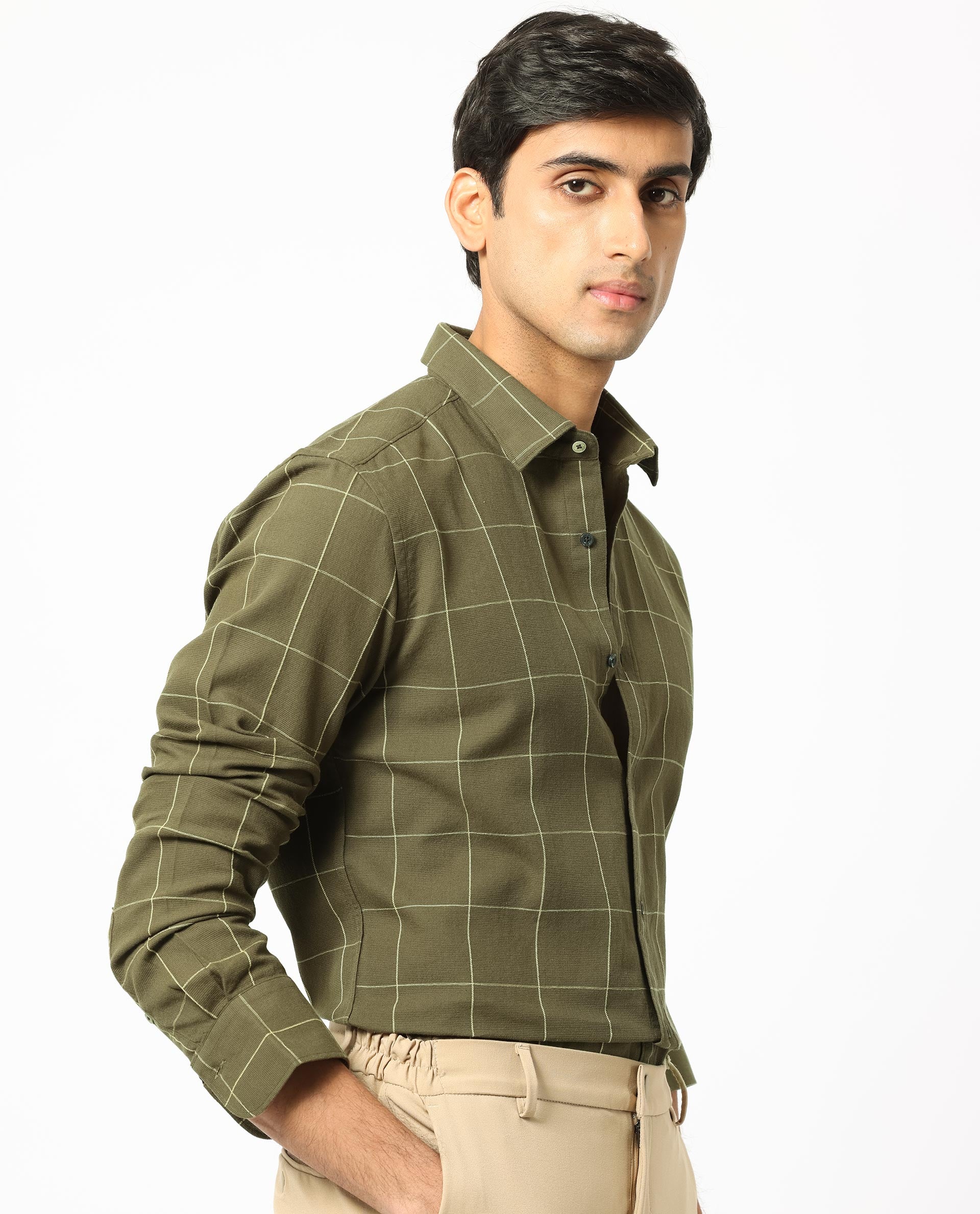 Rare Rabbit Men's Corneto Olive Cotton Fabric Full Sleeves Checks Shirt