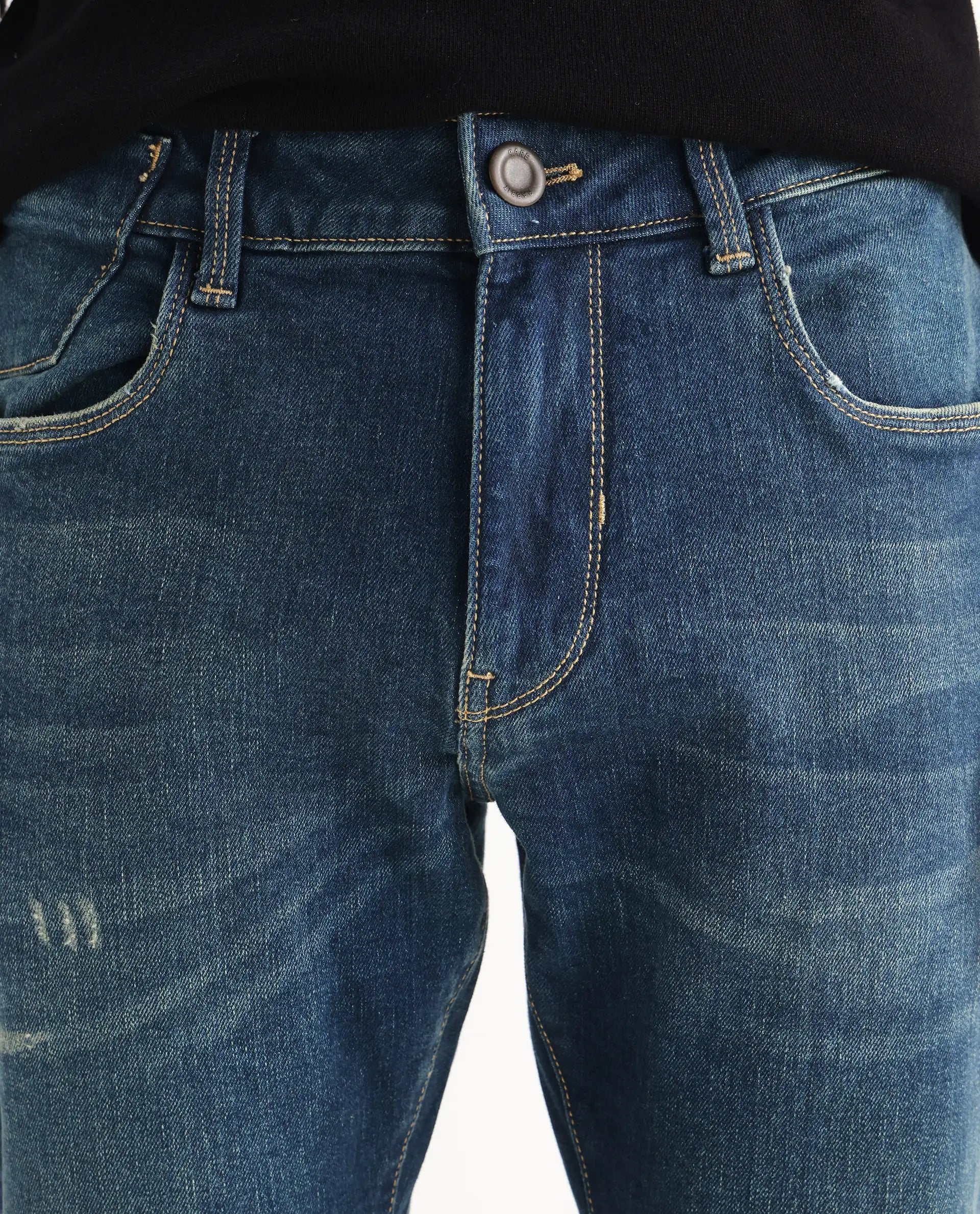 Rare Rabbit Men's Coro Pastel Blue Cotton Blend Plain Hawk Slim Fit Jeans