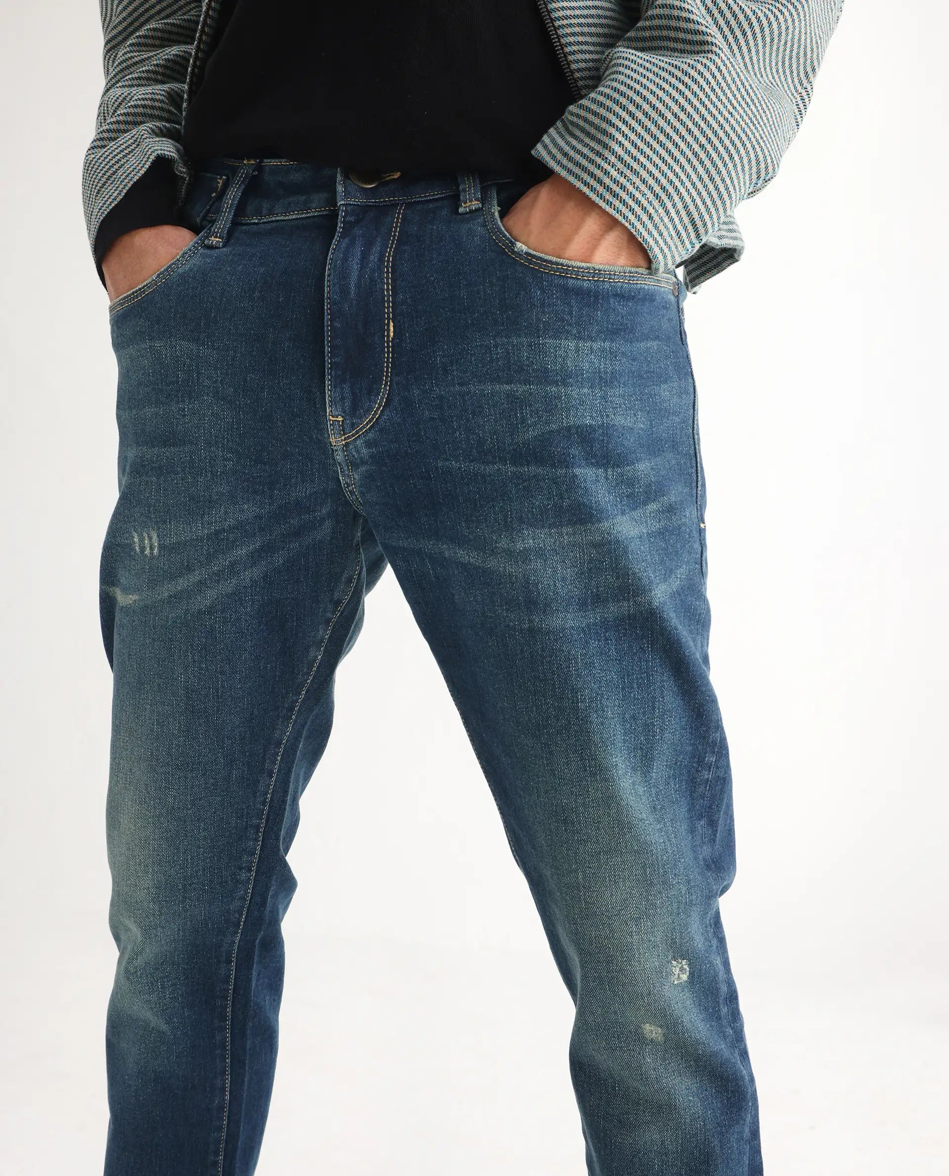 Rare Rabbit Men's Coro Pastel Blue Cotton Blend Plain Hawk Slim Fit Jeans