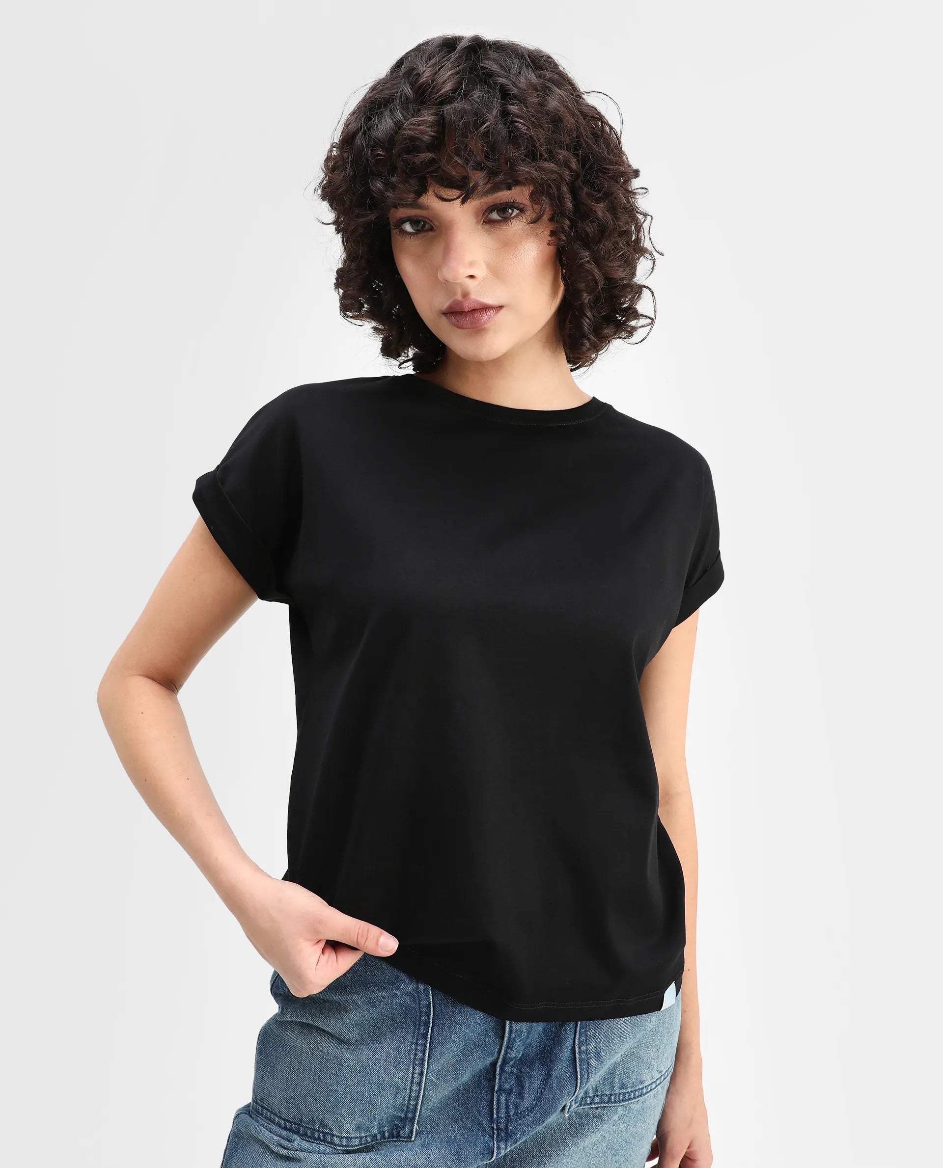 Rareism Women's Cors Black Cotton Blend Crew Neck Plain Extended Sleeves Relaxed Fit T-Shirt