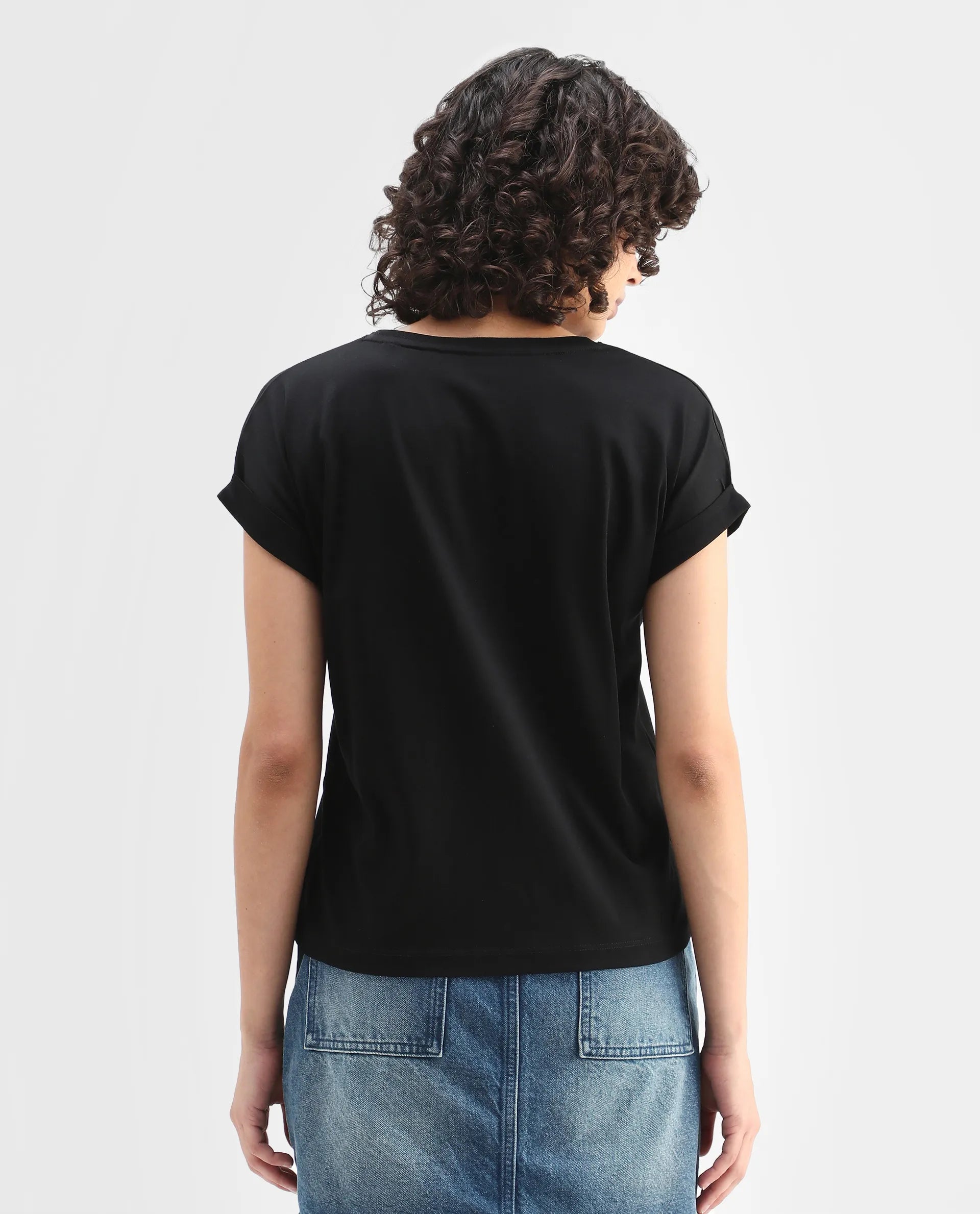 Rareism Women's Cors Black Cotton Blend Crew Neck Plain Extended Sleeves Relaxed Fit T-Shirt