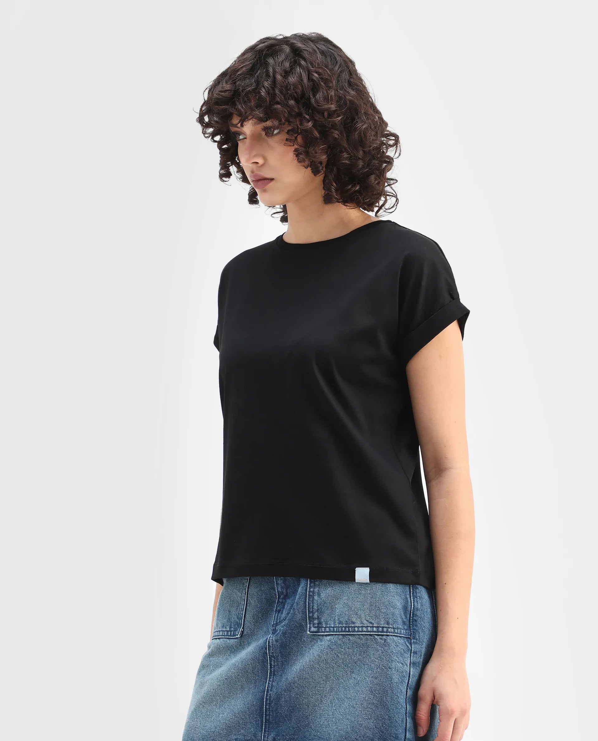 Rareism Women's Cors Black Cotton Blend Crew Neck Plain Extended Sleeves Relaxed Fit T-Shirt