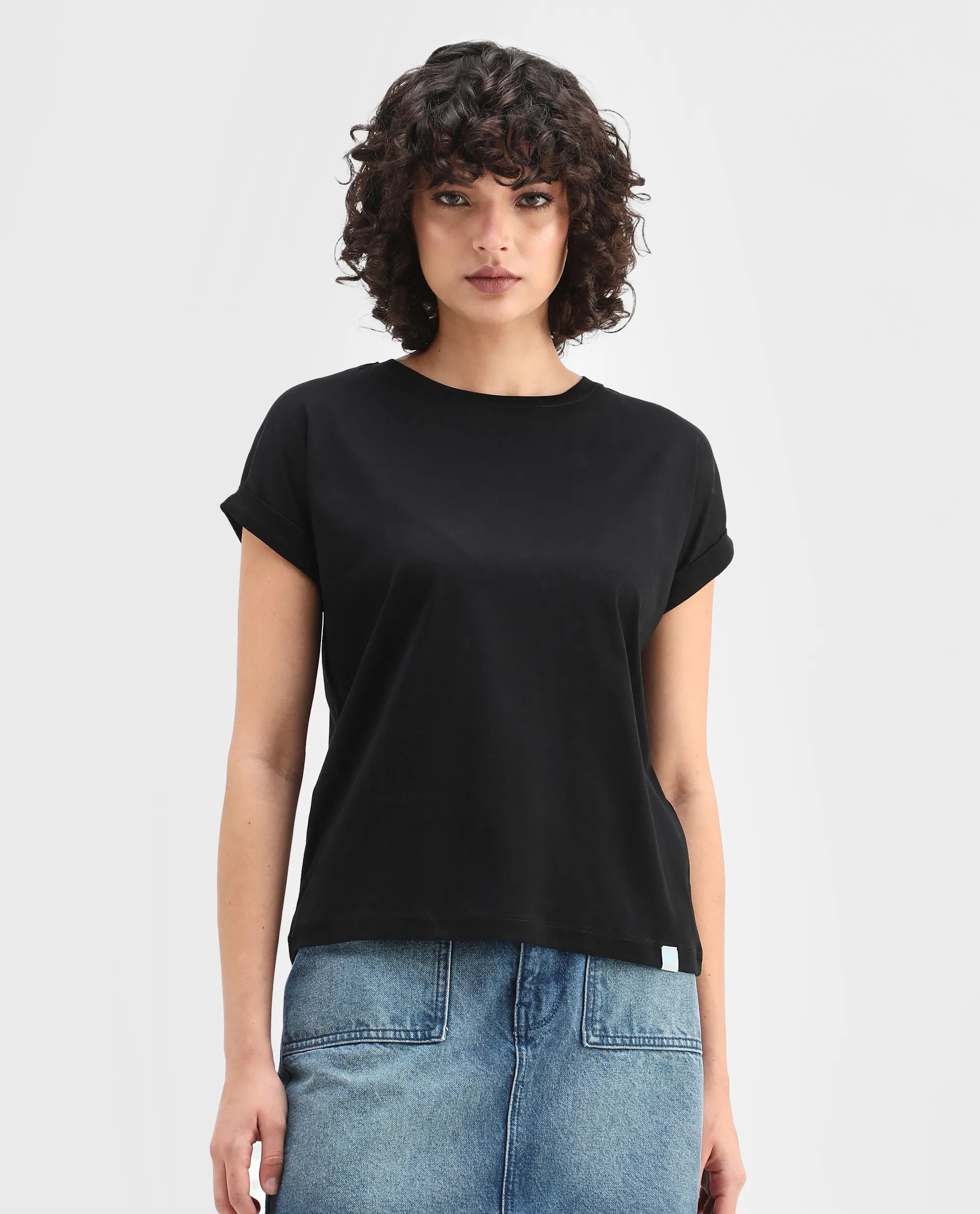 Rareism Women's Cors Black Cotton Blend Crew Neck Plain Extended Sleeves Relaxed Fit T-Shirt