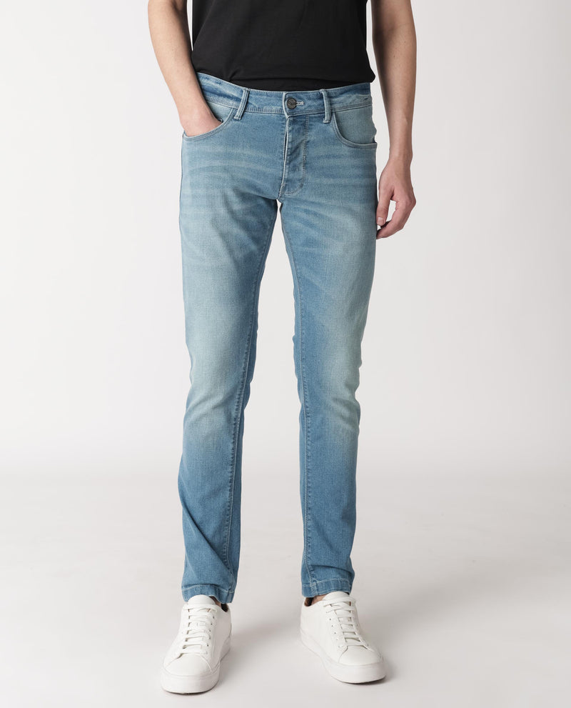 Rare Rabbit Men's Corsica Blue Mid Wash Mid-Rise Slim Fit Jeans