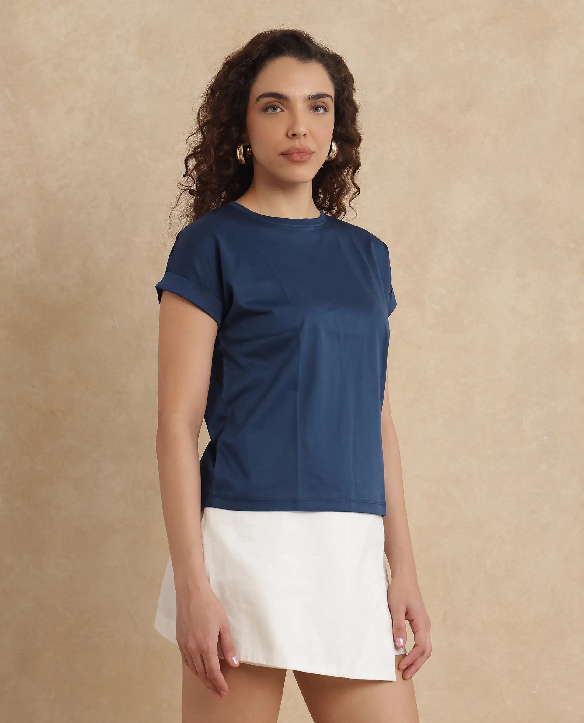 Rareism Women Cors Navy Cotton Blend Fabric Extended Sleeves Crew Neck Relaxed Fit Plain T-Shirt