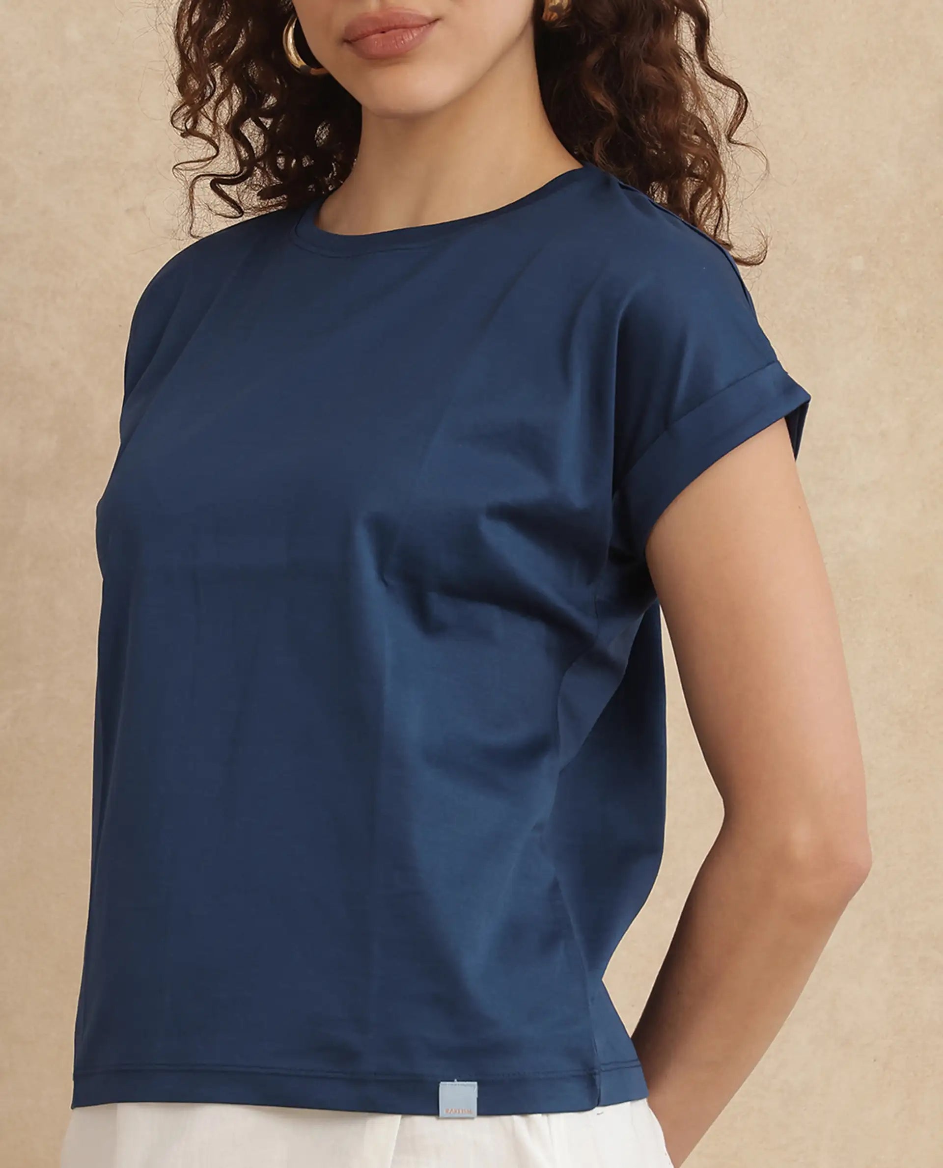 Rareism Women Cors Navy Cotton Blend Fabric Extended Sleeves Crew Neck Relaxed Fit Plain T-Shirt