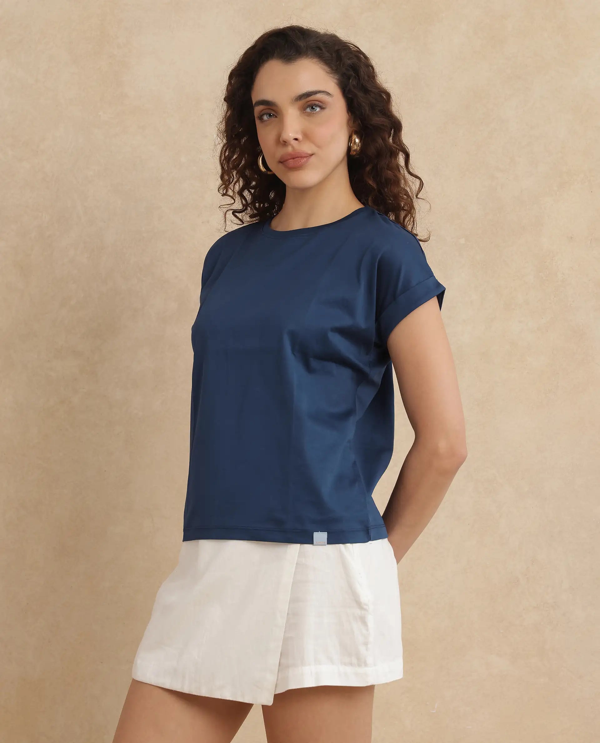 Rareism Women Cors Navy Cotton Blend Fabric Extended Sleeves Crew Neck Relaxed Fit Plain T-Shirt
