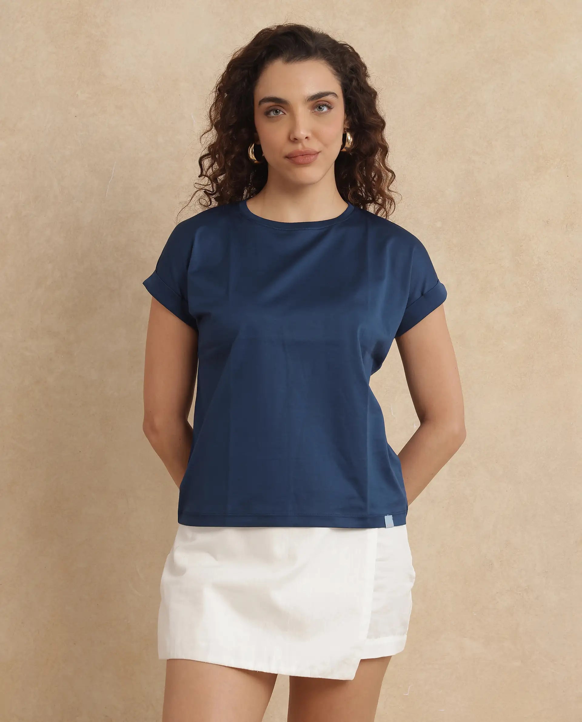 Rareism Women Cors Navy Cotton Blend Fabric Extended Sleeves Crew Neck Relaxed Fit Plain T-Shirt