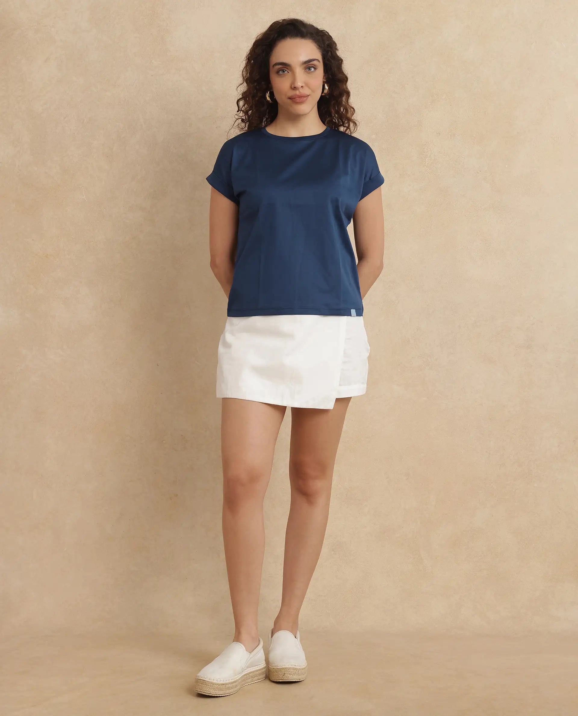 Rareism Women Cors Navy Cotton Blend Fabric Extended Sleeves Crew Neck Relaxed Fit Plain T-Shirt