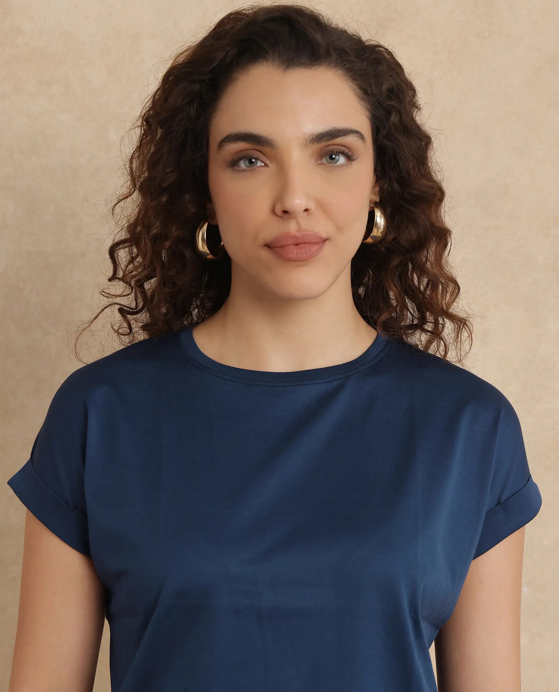 Rareism Women Cors Navy Cotton Blend Fabric Extended Sleeves Crew Neck Relaxed Fit Plain T-Shirt