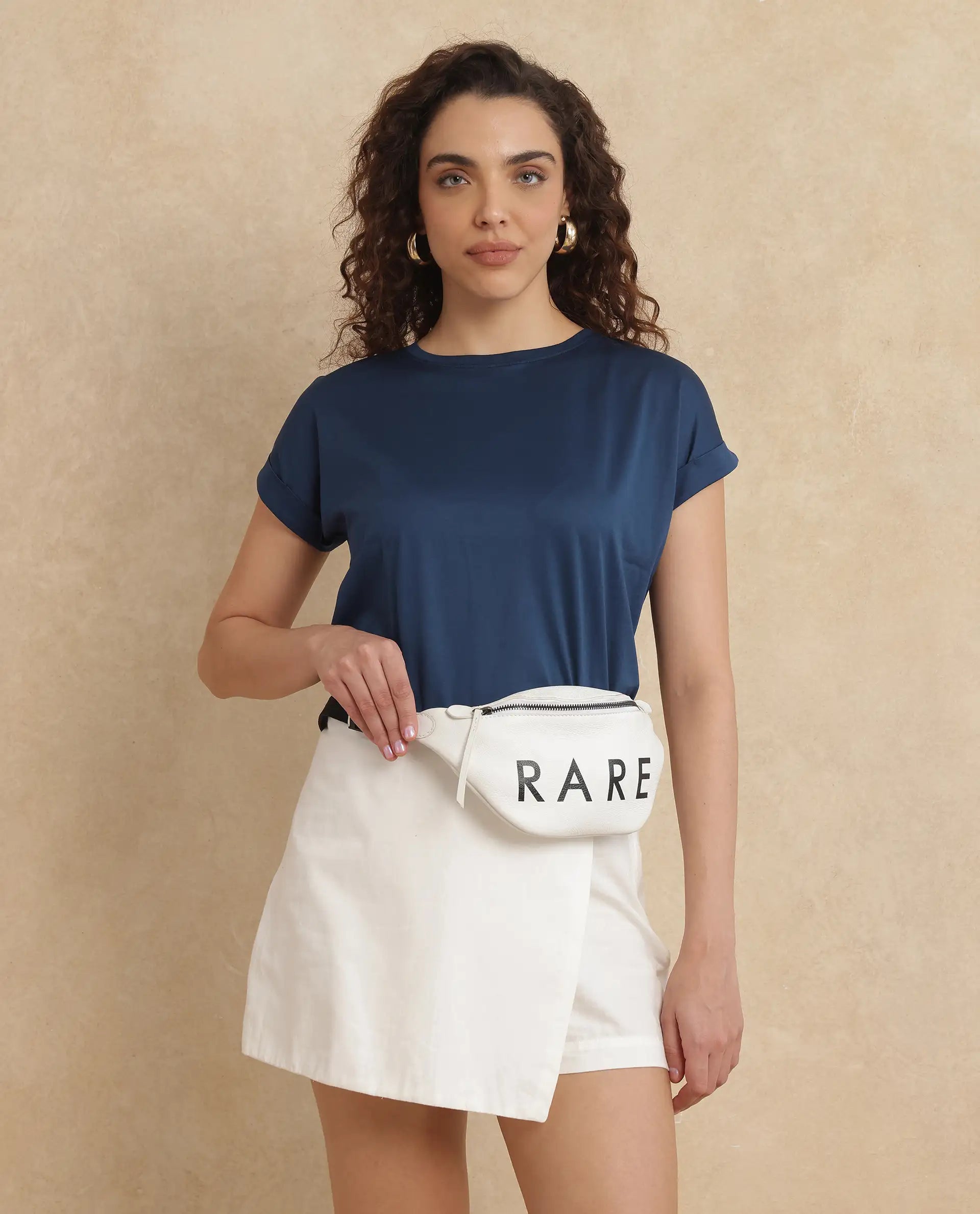 Rareism Women Cors Navy Cotton Blend Fabric Extended Sleeves Crew Neck Relaxed Fit Plain T-Shirt