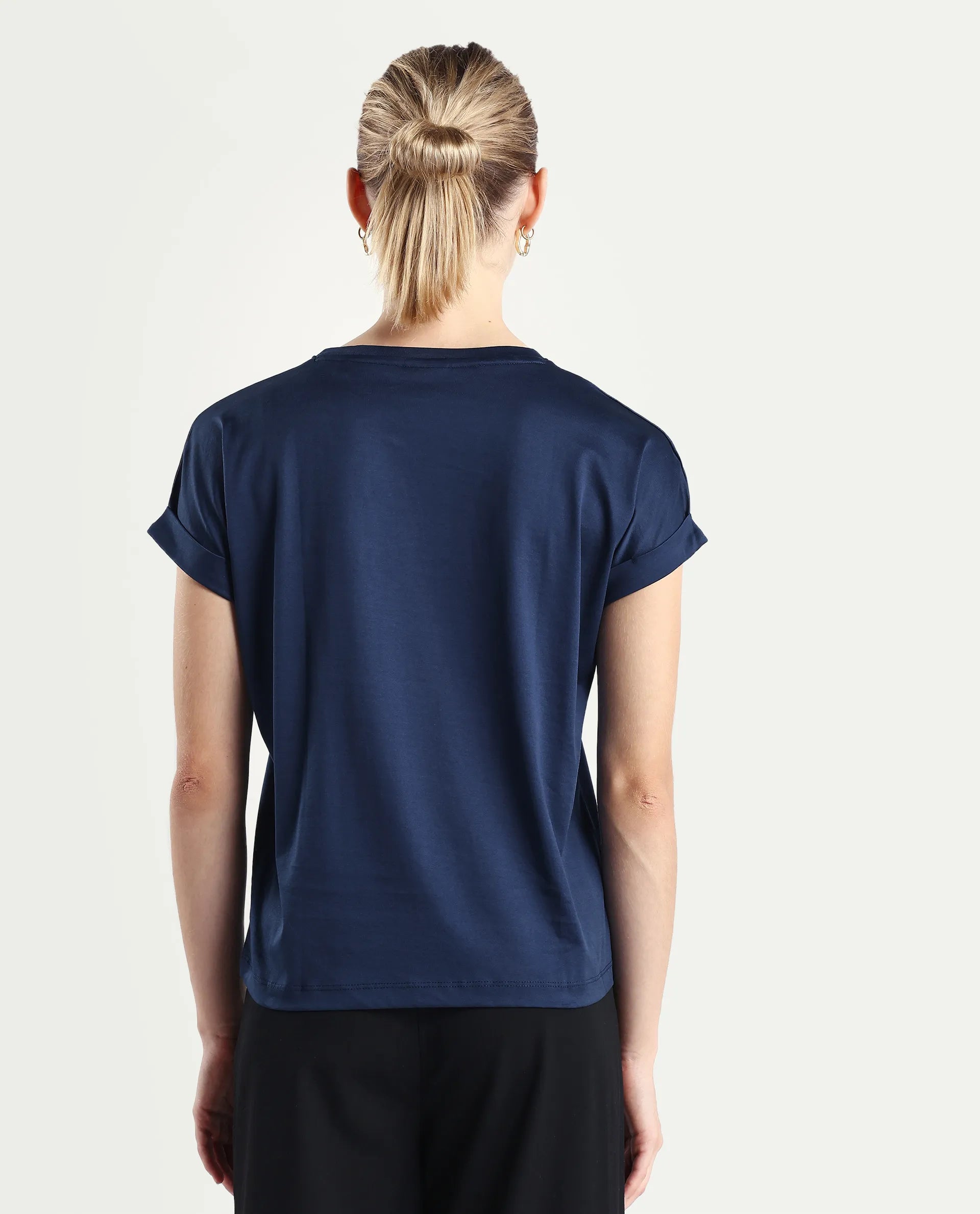 Rareism Women's Cors Navy Cotton Blend Crew Neck Plain Extended Sleeves Relaxed Fit T-Shirt