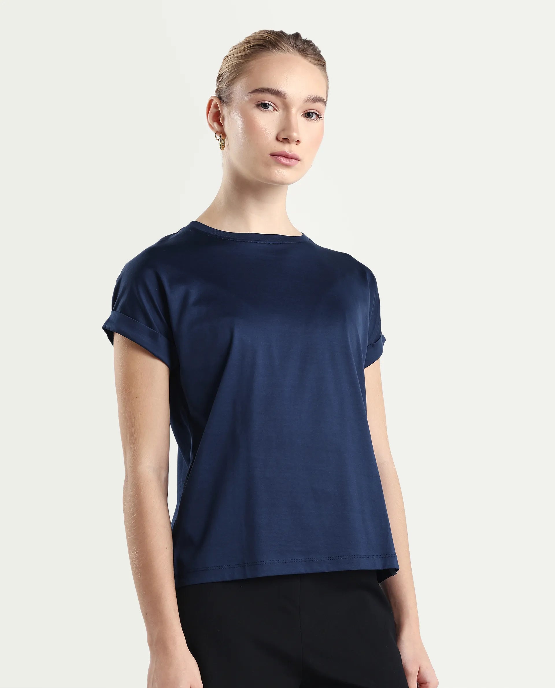 Rareism Women's Cors Navy Cotton Blend Crew Neck Plain Extended Sleeves Relaxed Fit T-Shirt