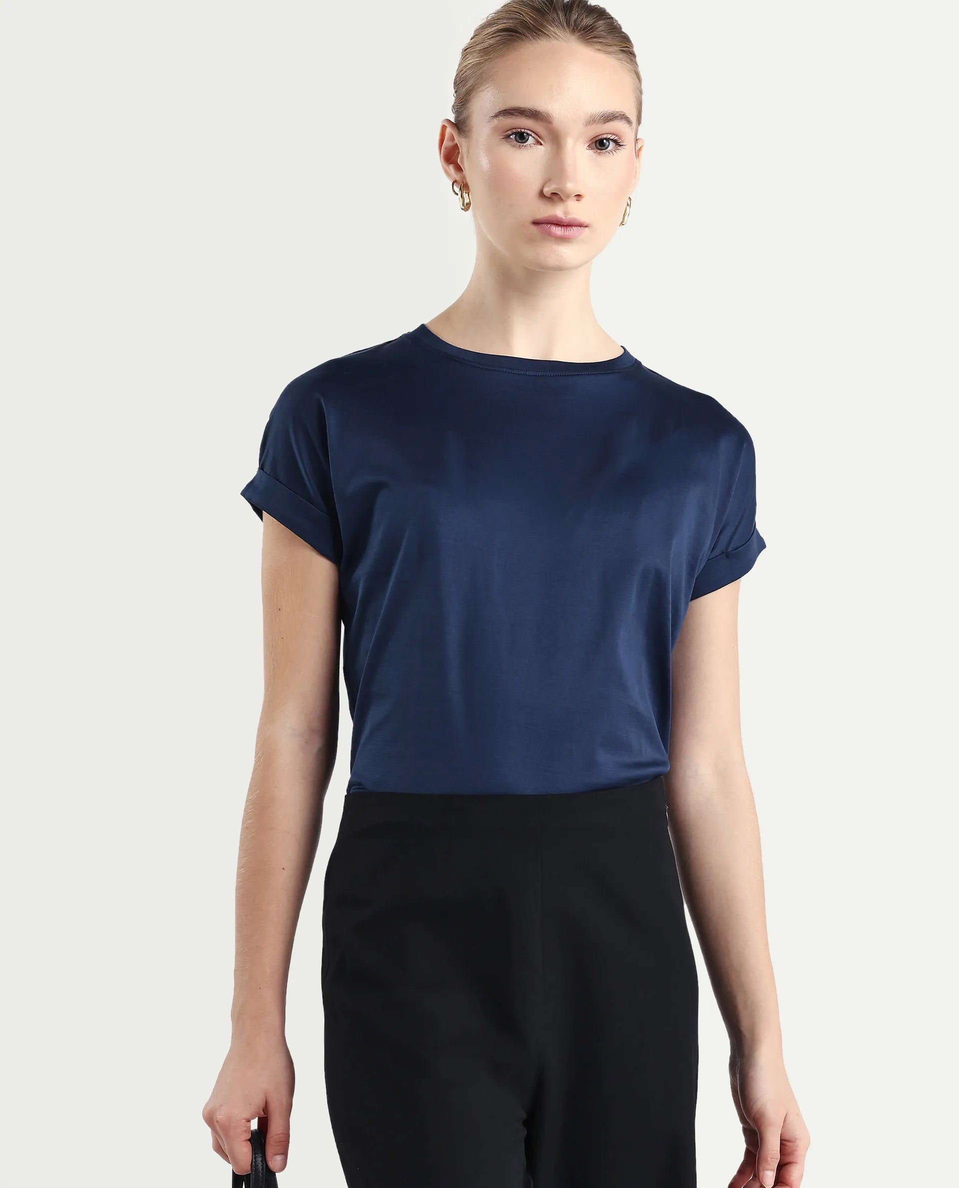 Rareism Women's Cors Navy Cotton Blend Crew Neck Plain Extended Sleeves Relaxed Fit T-Shirt