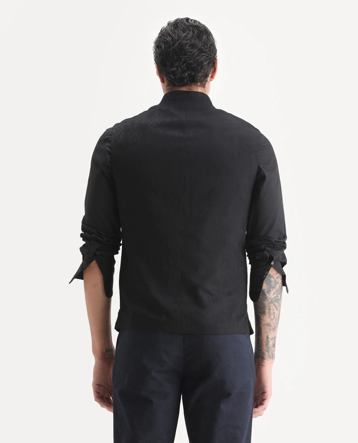 Rare Rabbit Men's Corti Black Polyester Jacquard Tailored Fit Sleeveless Mandarin Collar Bandhgala