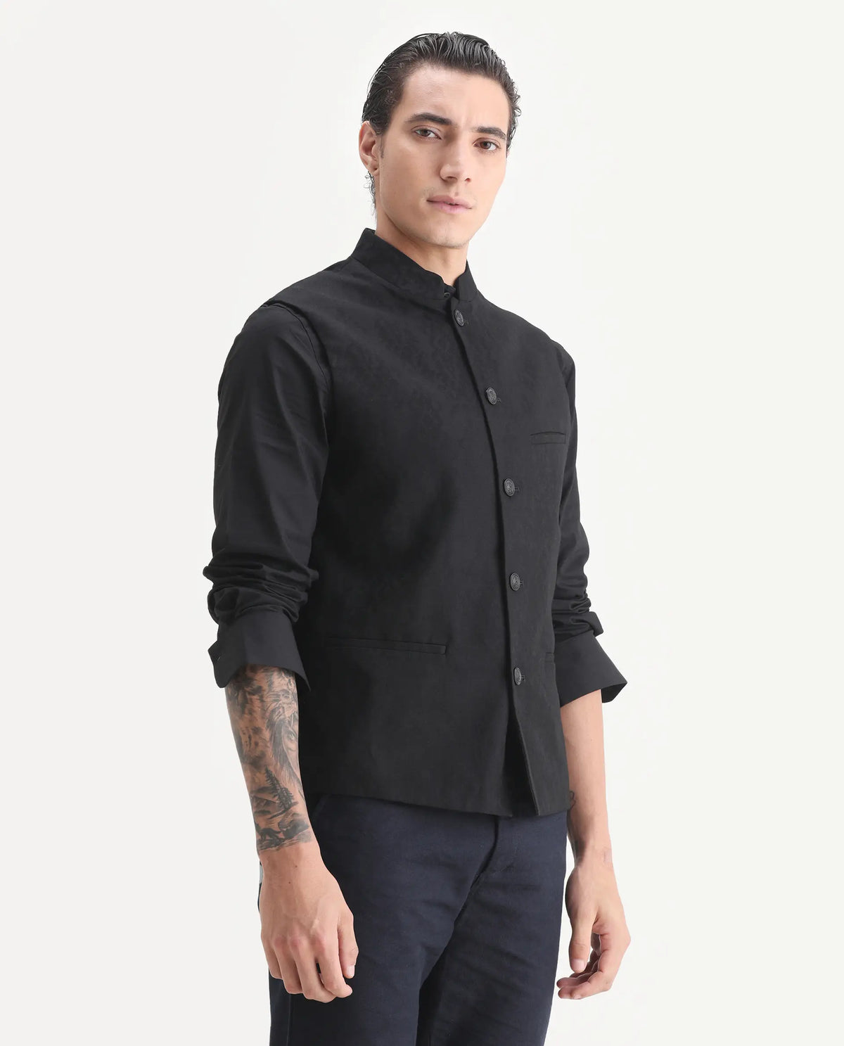 Rare Rabbit Men's Corti Black Polyester Jacquard Tailored Fit Sleeveless Mandarin Collar Bandhgala