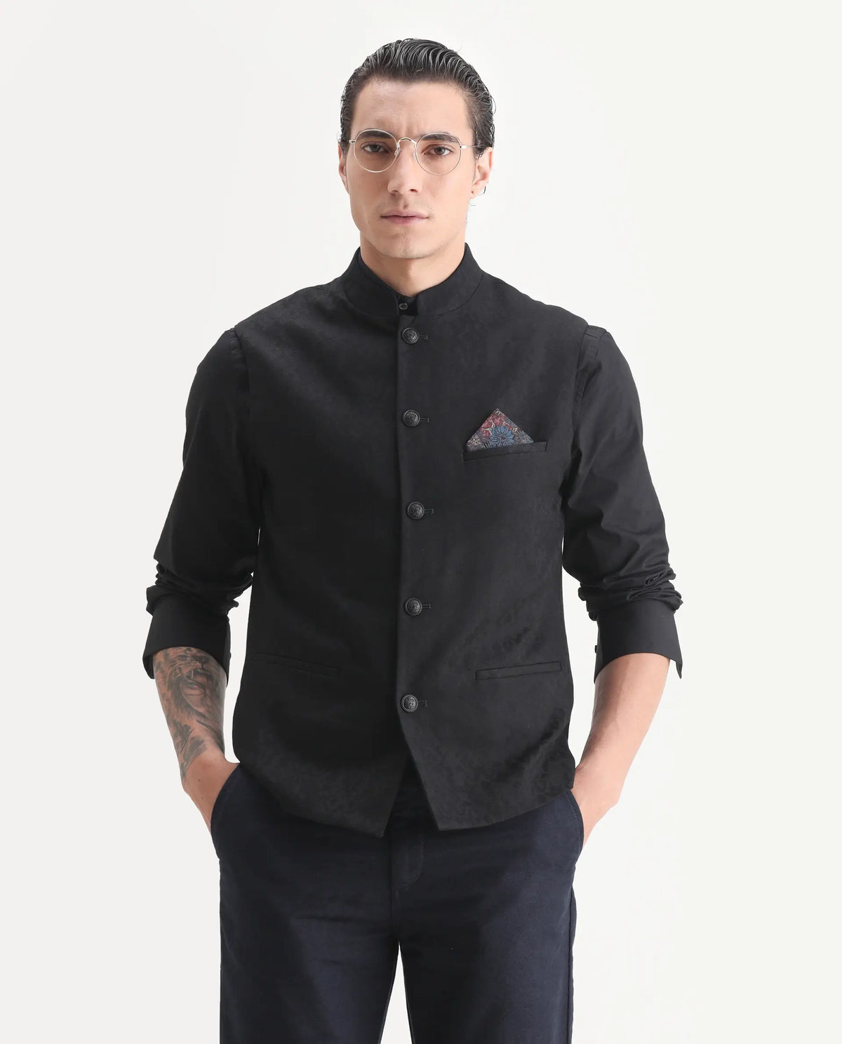 Rare Rabbit Men's Corti Black Polyester Jacquard Tailored Fit Sleeveless Mandarin Collar Bandhgala