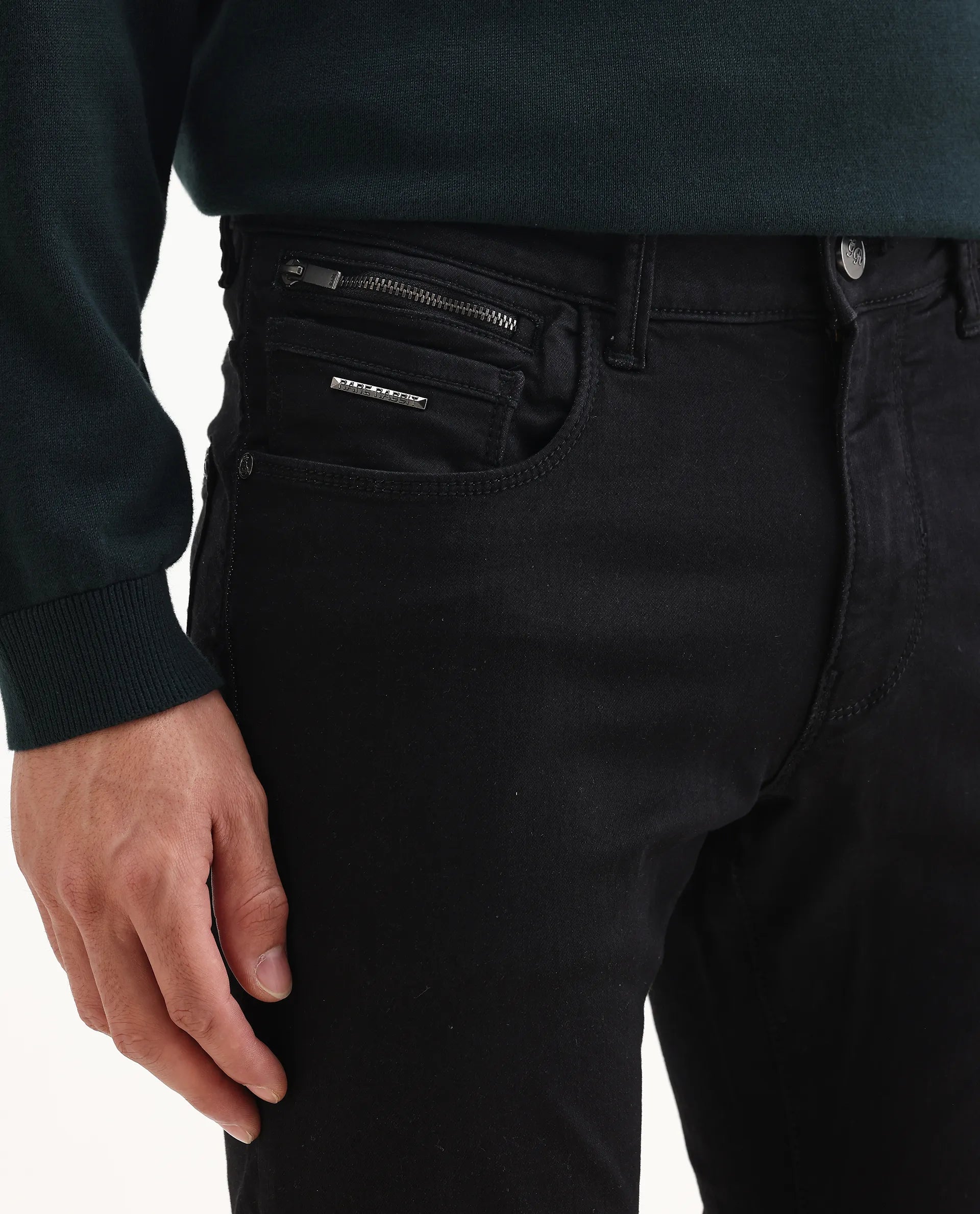 Rare Rabbit Men's Corvo Black Cotton Blend Plain Hawk Slim Fit Jeans