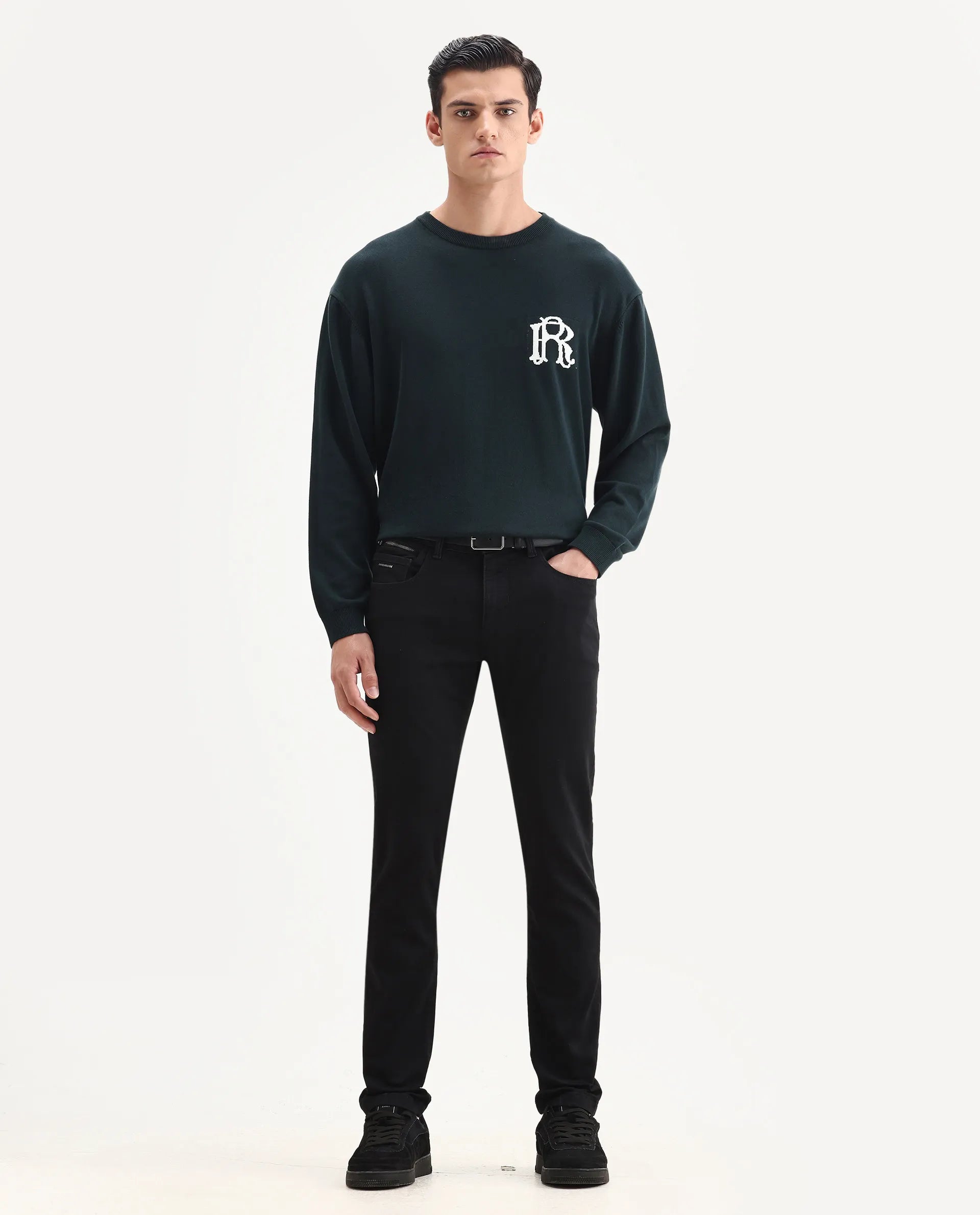 Rare Rabbit Men's Corvo Black Cotton Blend Plain Hawk Slim Fit Jeans