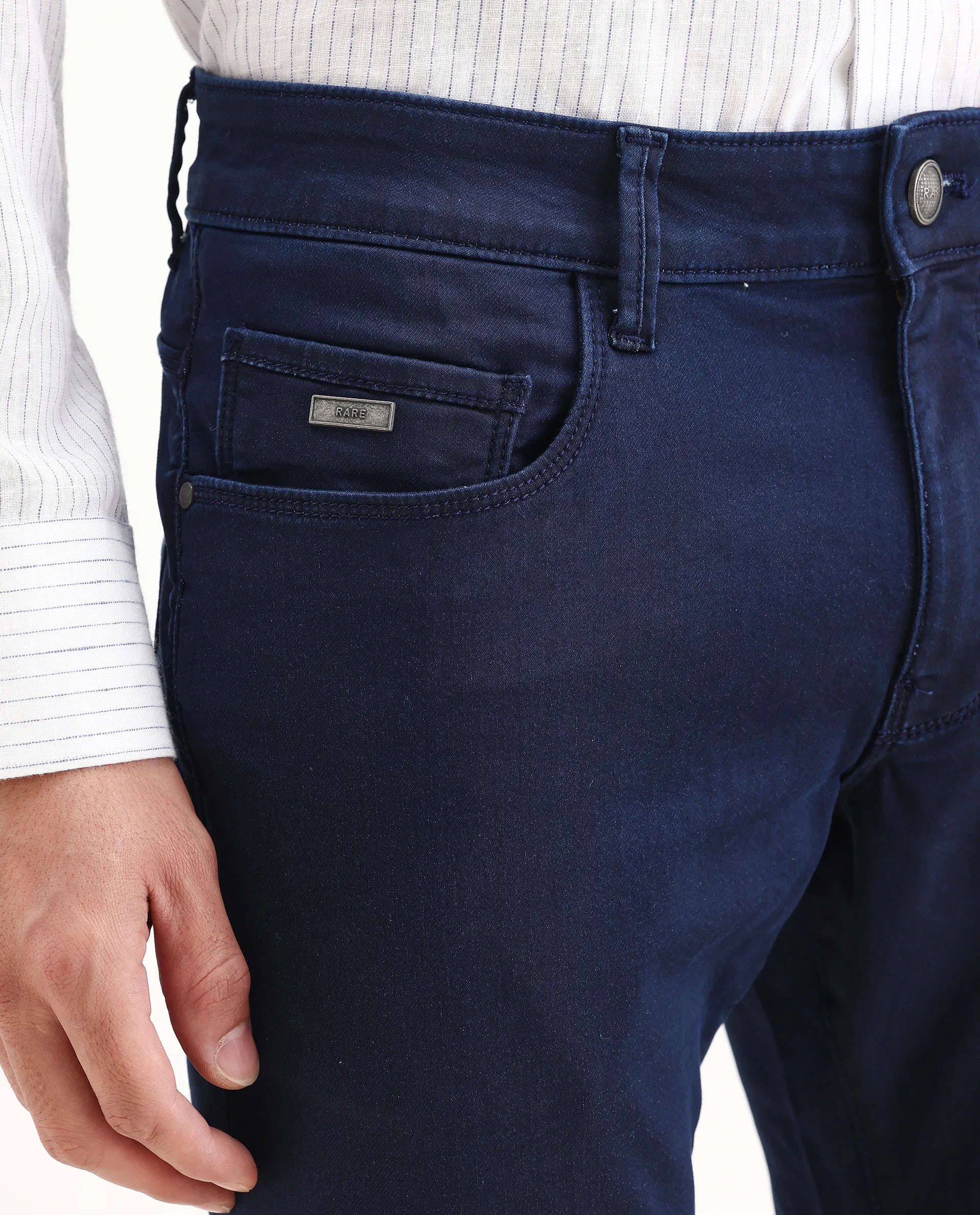 Rare Rabbit Men's Corvo Blue Cotton Blend Plain Hawk Slim Fit Jeans