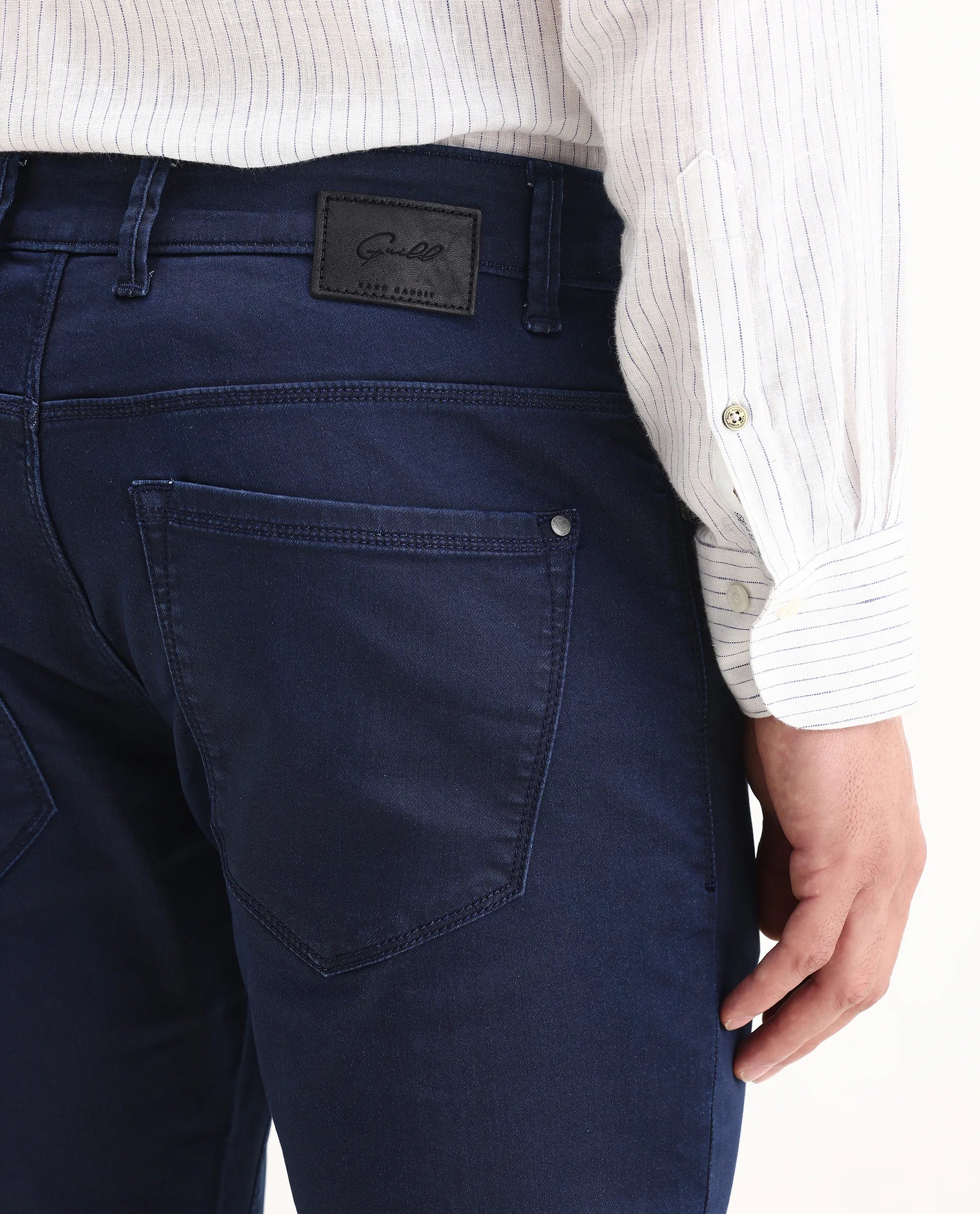 Rare Rabbit Men's Corvo Blue Cotton Blend Plain Hawk Slim Fit Jeans