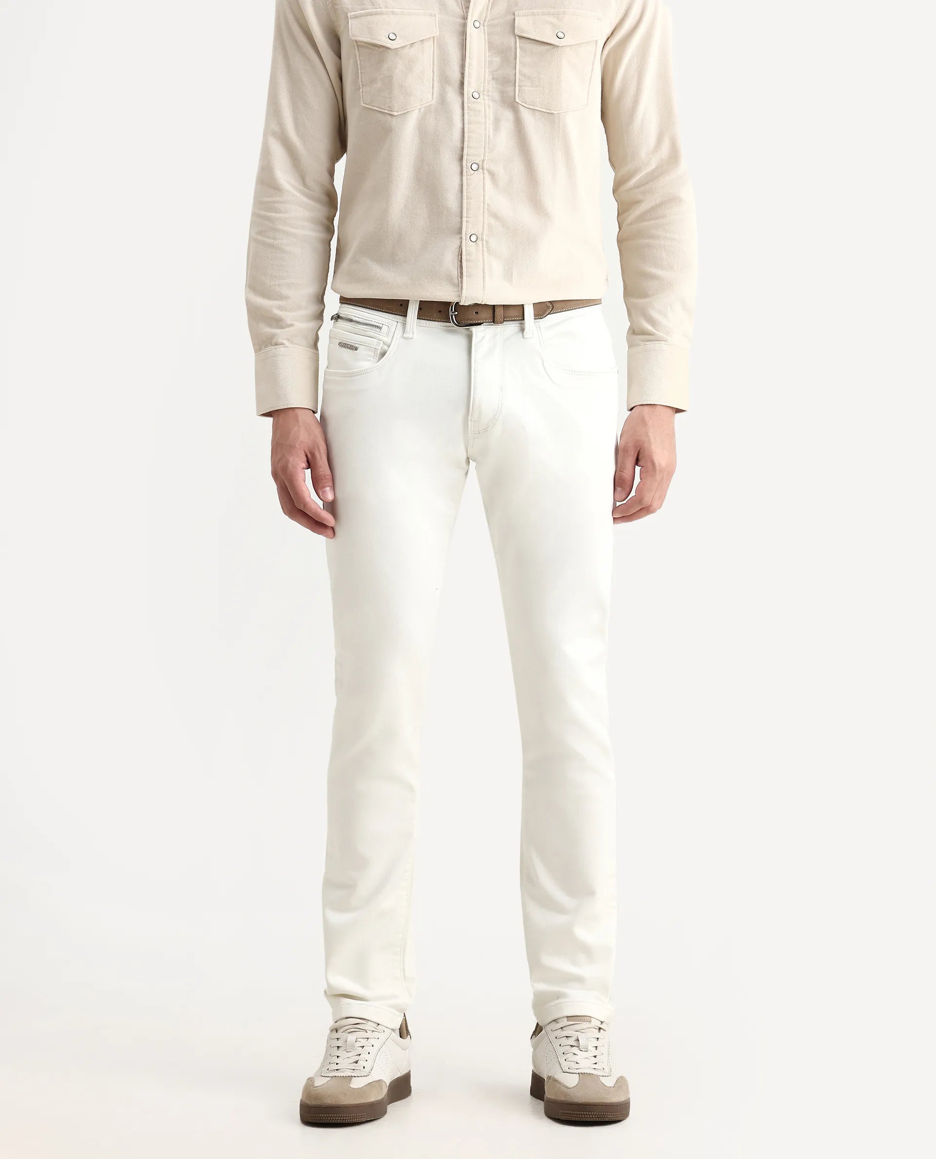 Rare Rabbit Men's Corvo Off White Cotton Blend Plain Hawk Slim Fit Jeans