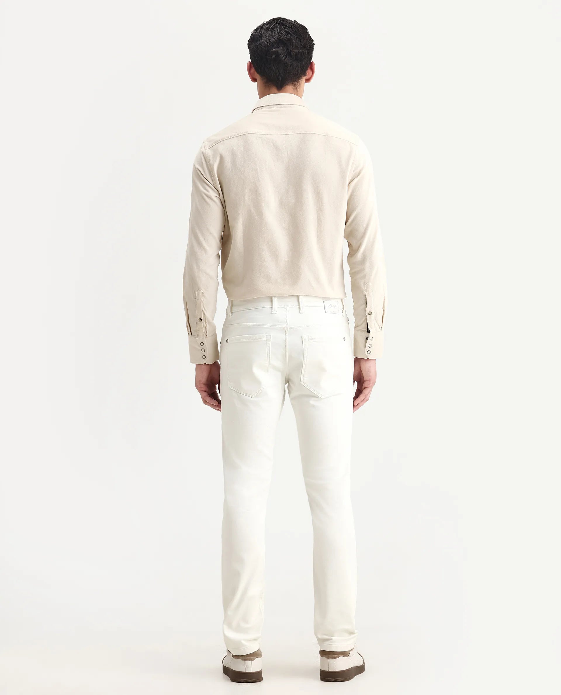 Rare Rabbit Men's Corvo Off White Cotton Blend Plain Hawk Slim Fit Jeans