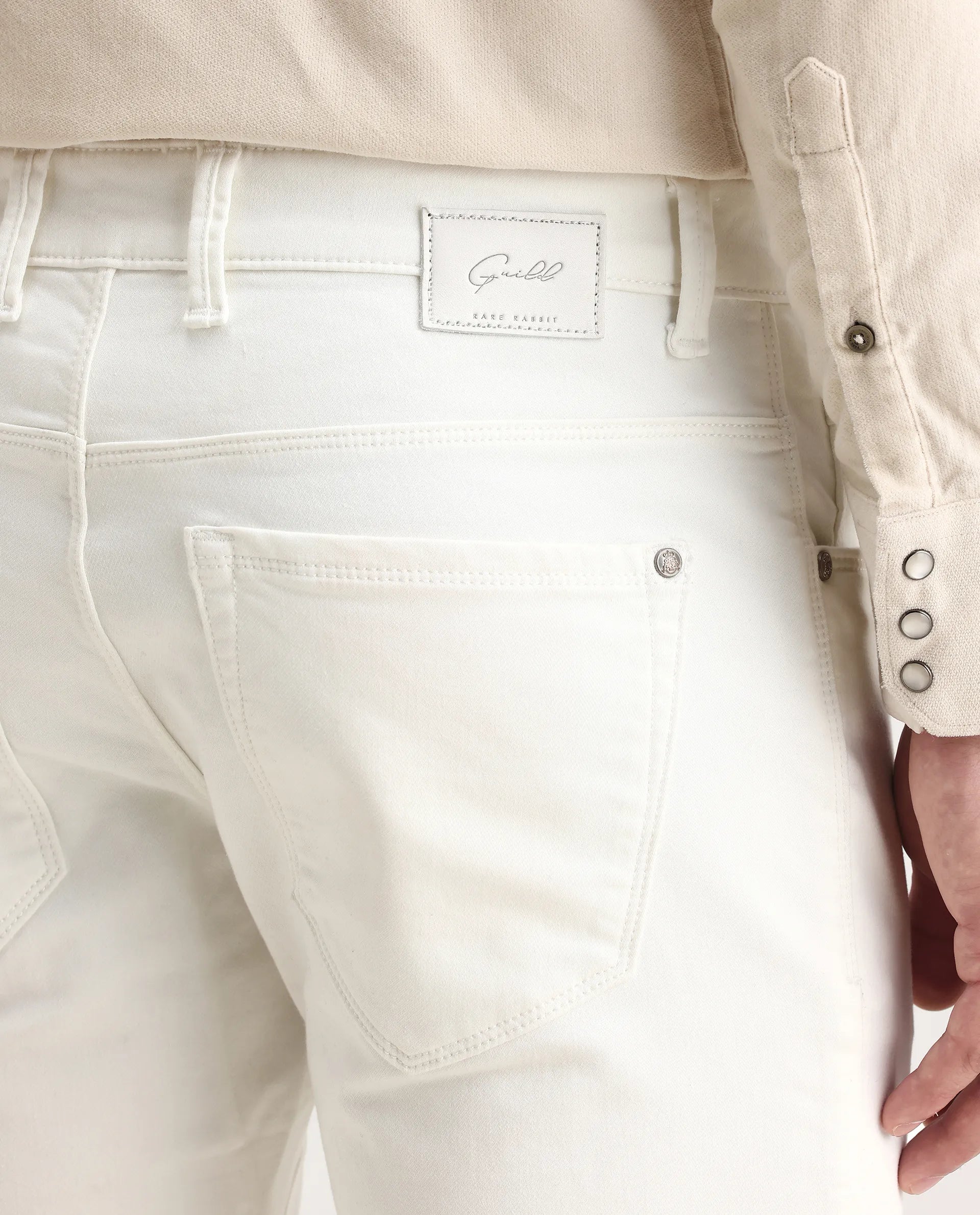 Rare Rabbit Men's Corvo Off White Cotton Blend Plain Hawk Slim Fit Jeans