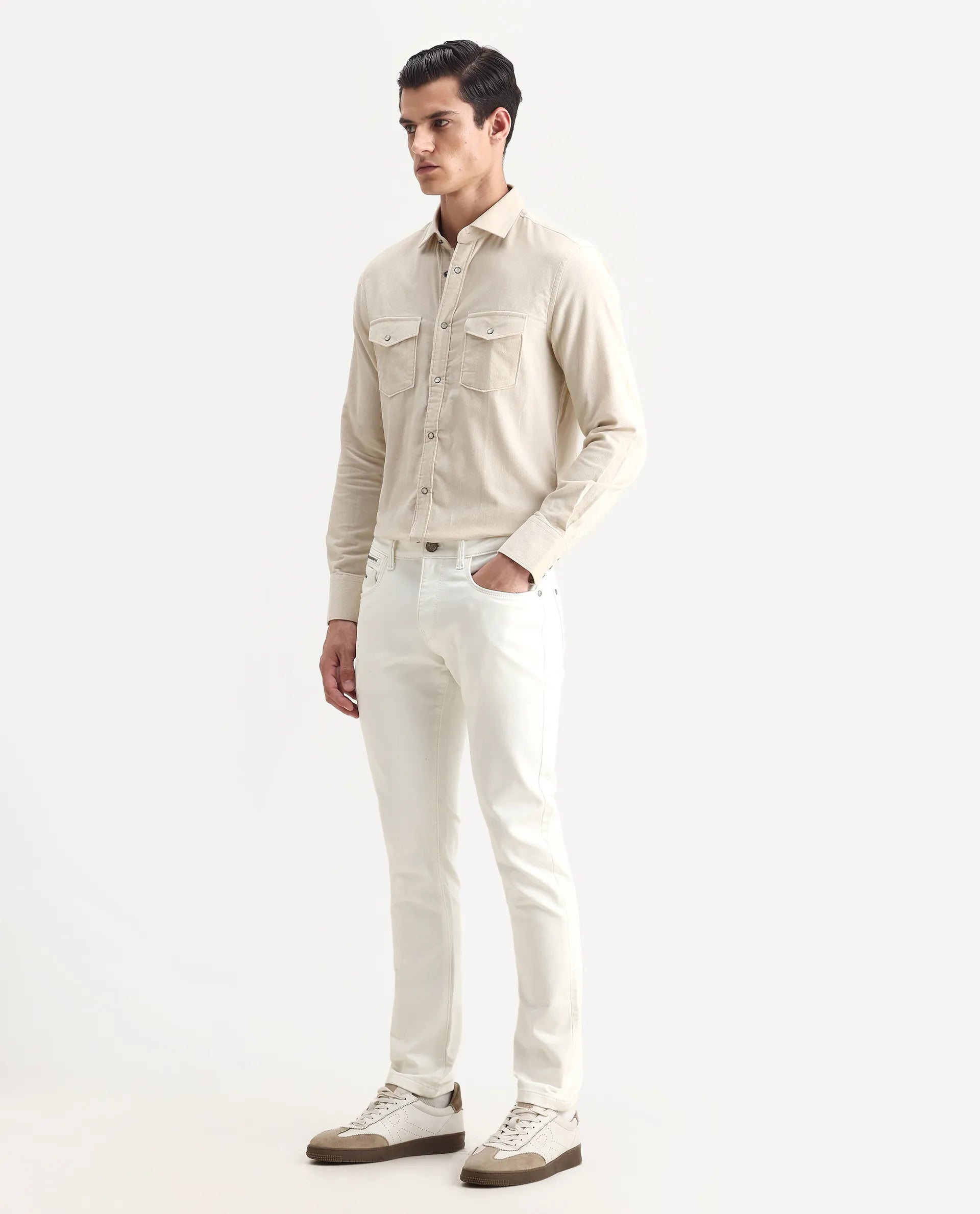 Rare Rabbit Men's Corvo Off White Cotton Blend Plain Hawk Slim Fit Jeans