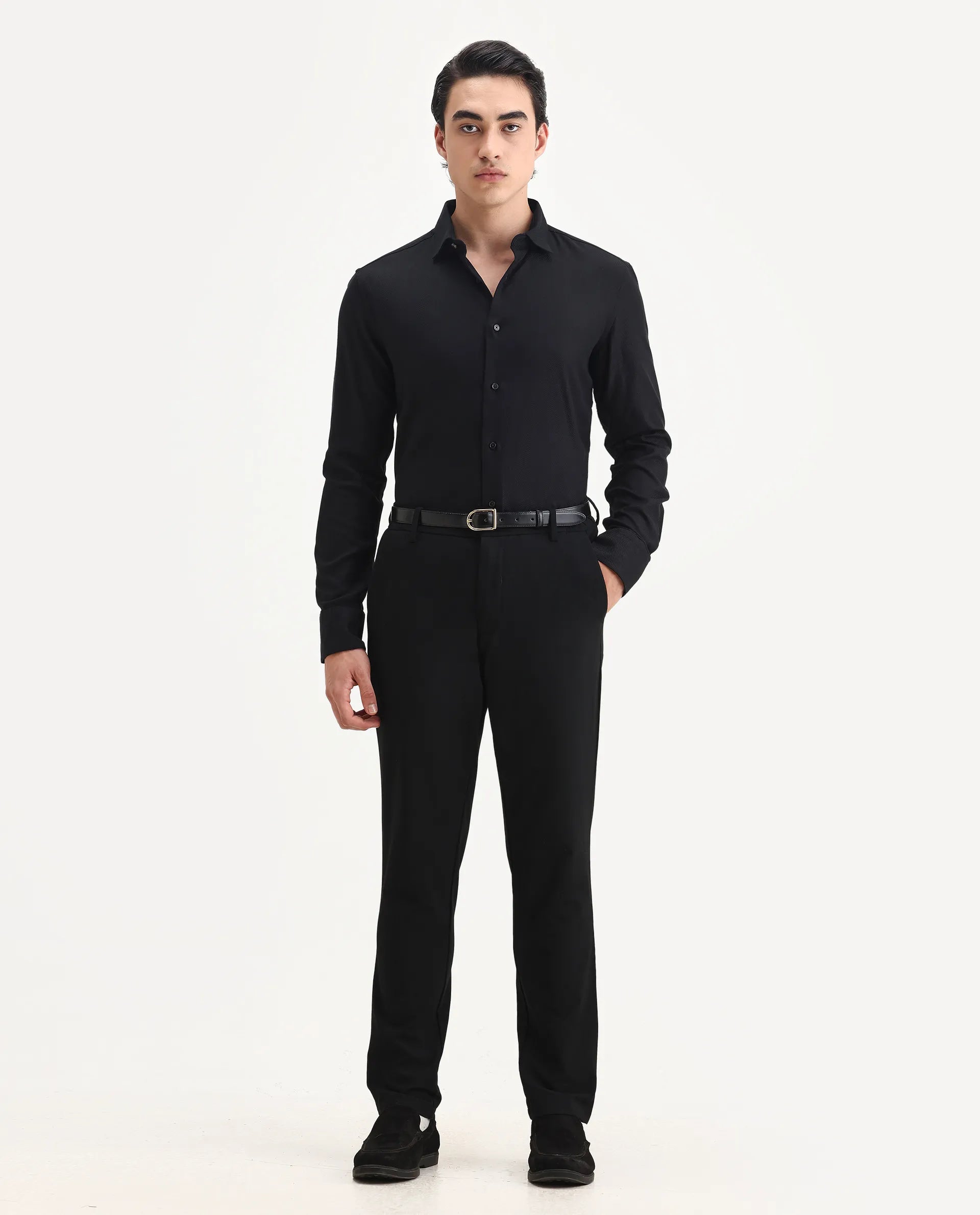 Rare Rabbit Men's Cosa-1 Black Cotton Plain Regular Fit Full Sleeve Collared Shirt