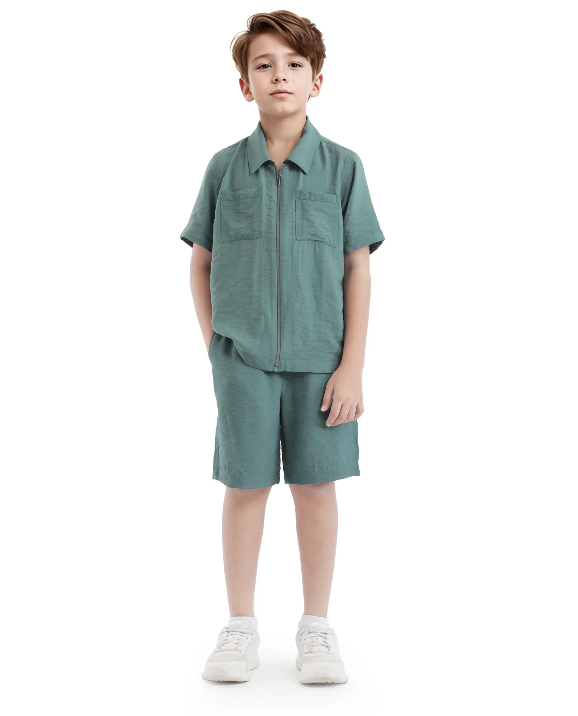 Rare Ones Kids Cosd Green Viscose Fabric Drawstring Closure Solid Shorts