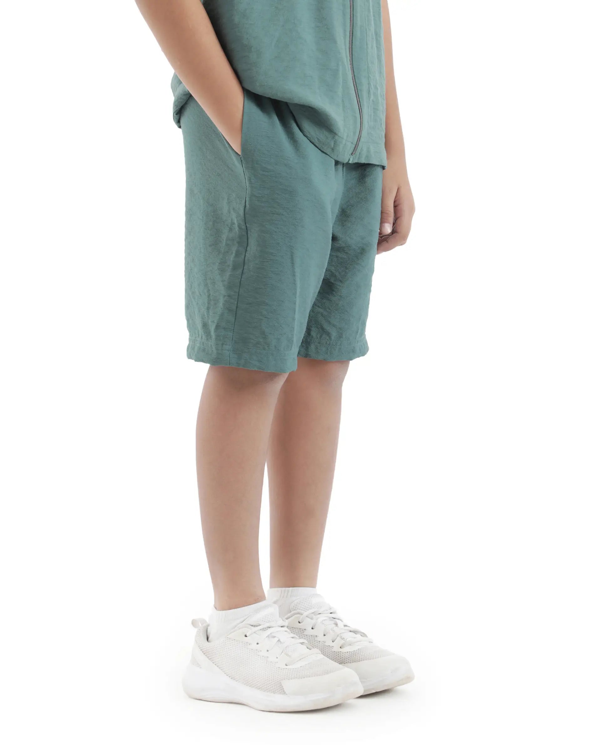 Rare Ones Kids Cosd Green Viscose Fabric Drawstring Closure Solid Shorts