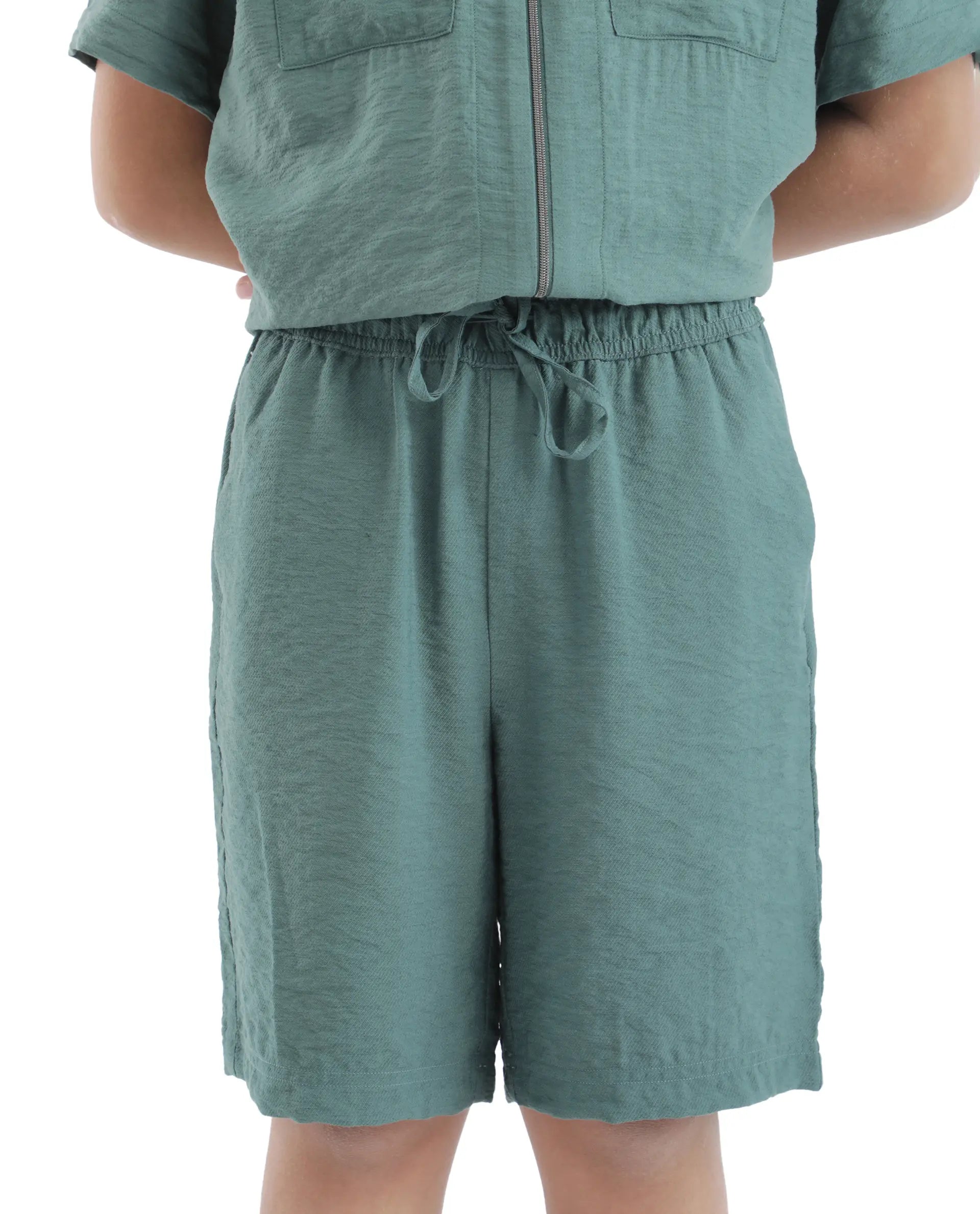 Rare Ones Kids Cosd Green Viscose Fabric Drawstring Closure Solid Shorts