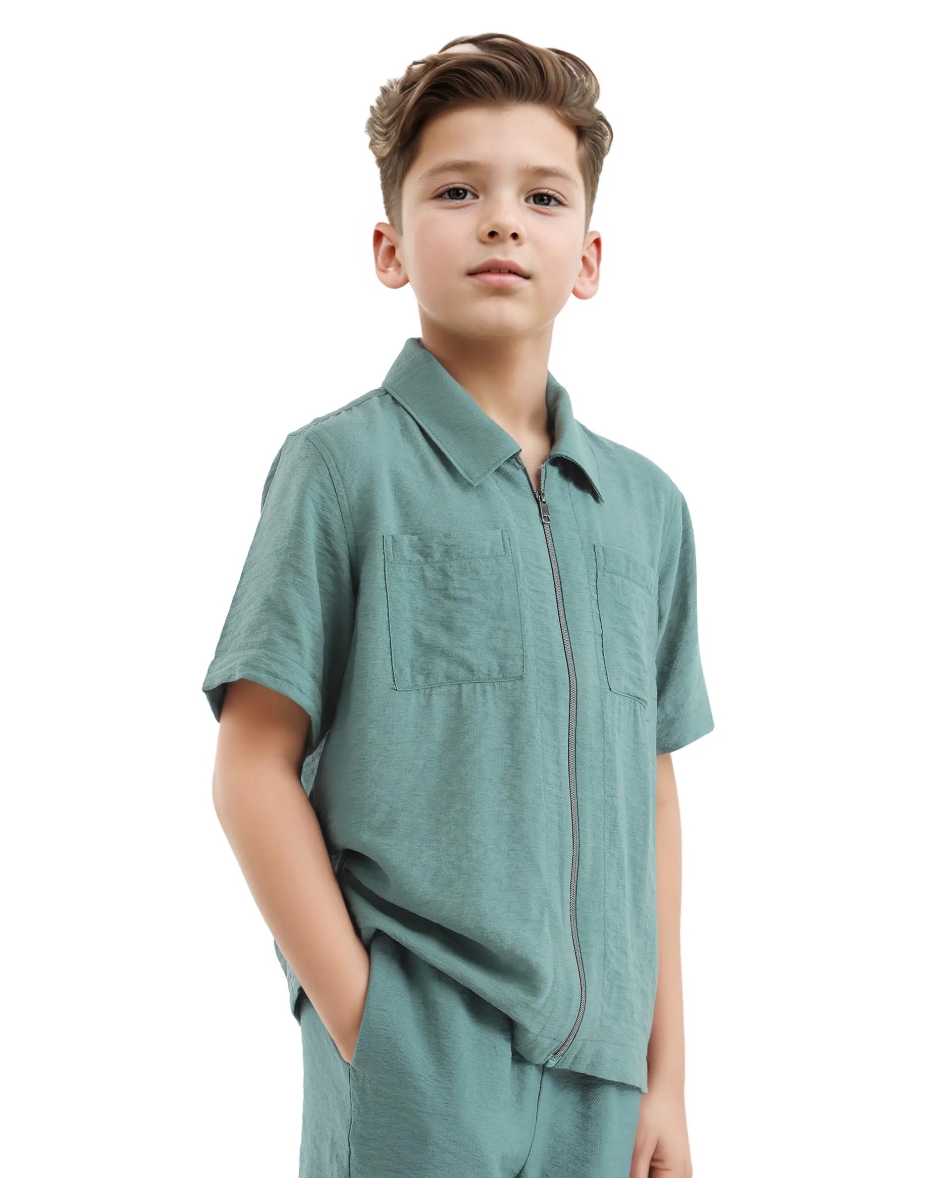 Rare Ones Kids Cose Green Viscose Half Sleeve Solid Shirt