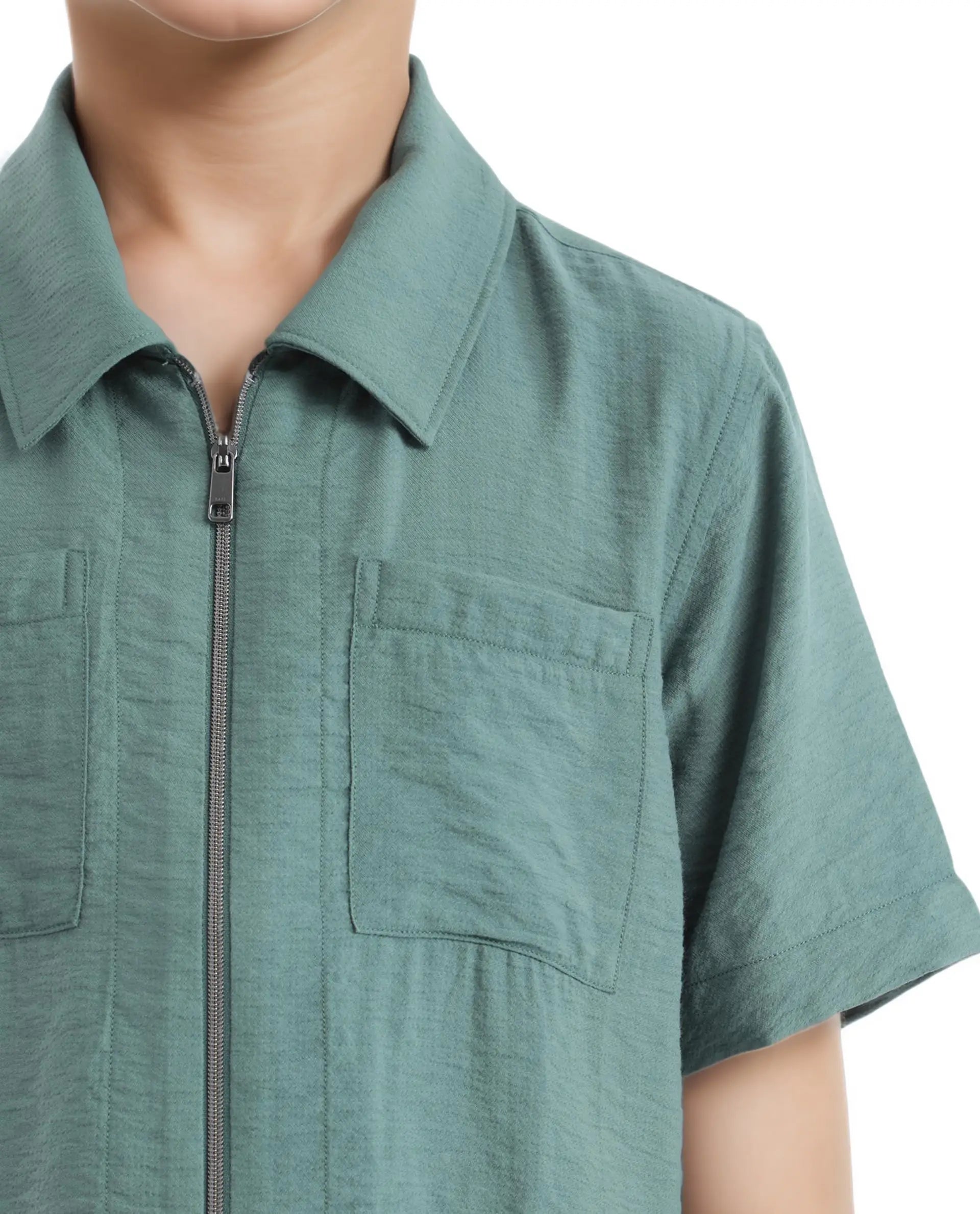 Rare Ones Kids Cose Green Viscose Half Sleeve Solid Shirt