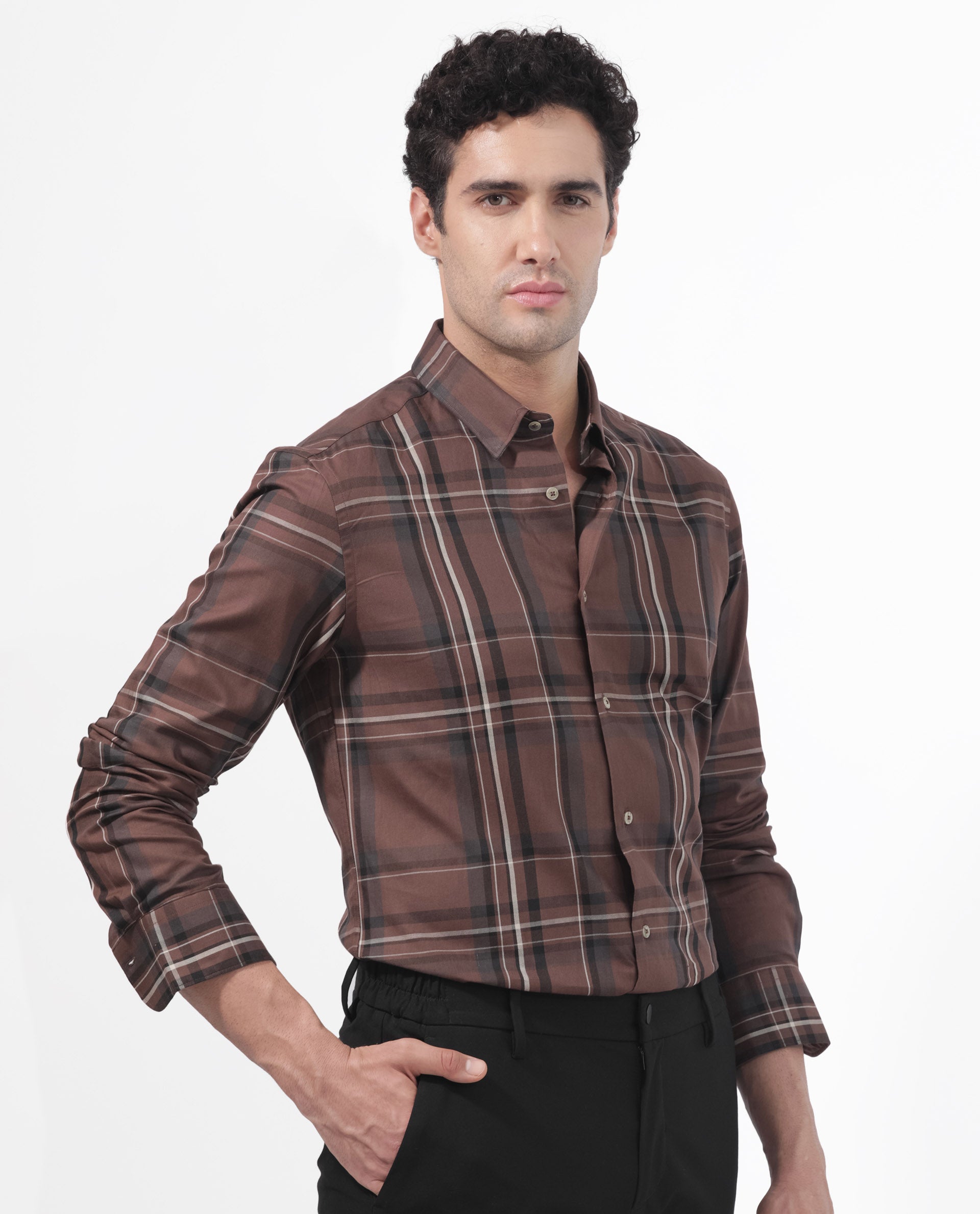 Rare Rabbit Men's Cosen Dark Brown Full Sleeves Checks Shirt