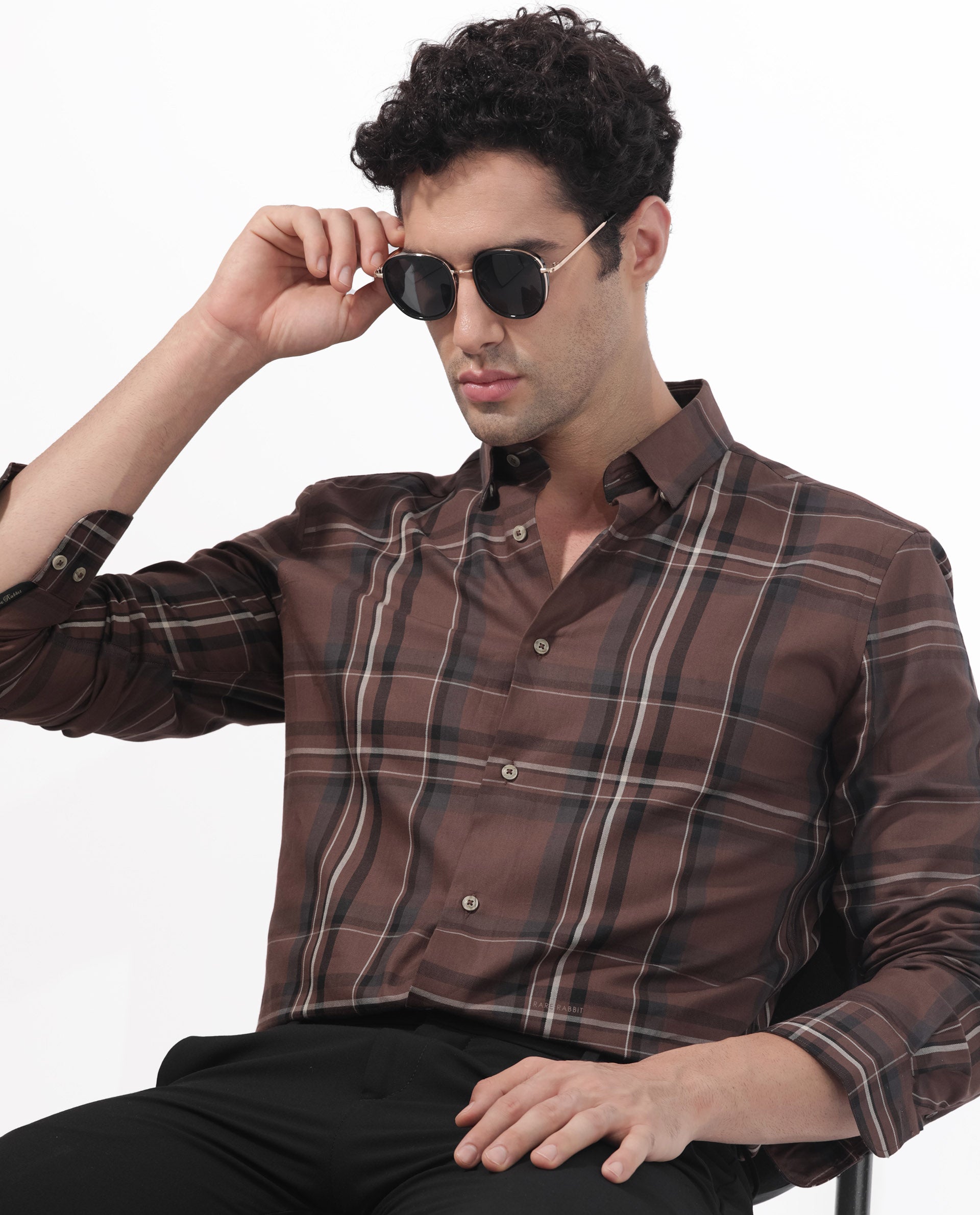 Rare Rabbit Men's Cosen Dark Brown Full Sleeves Checks Shirt