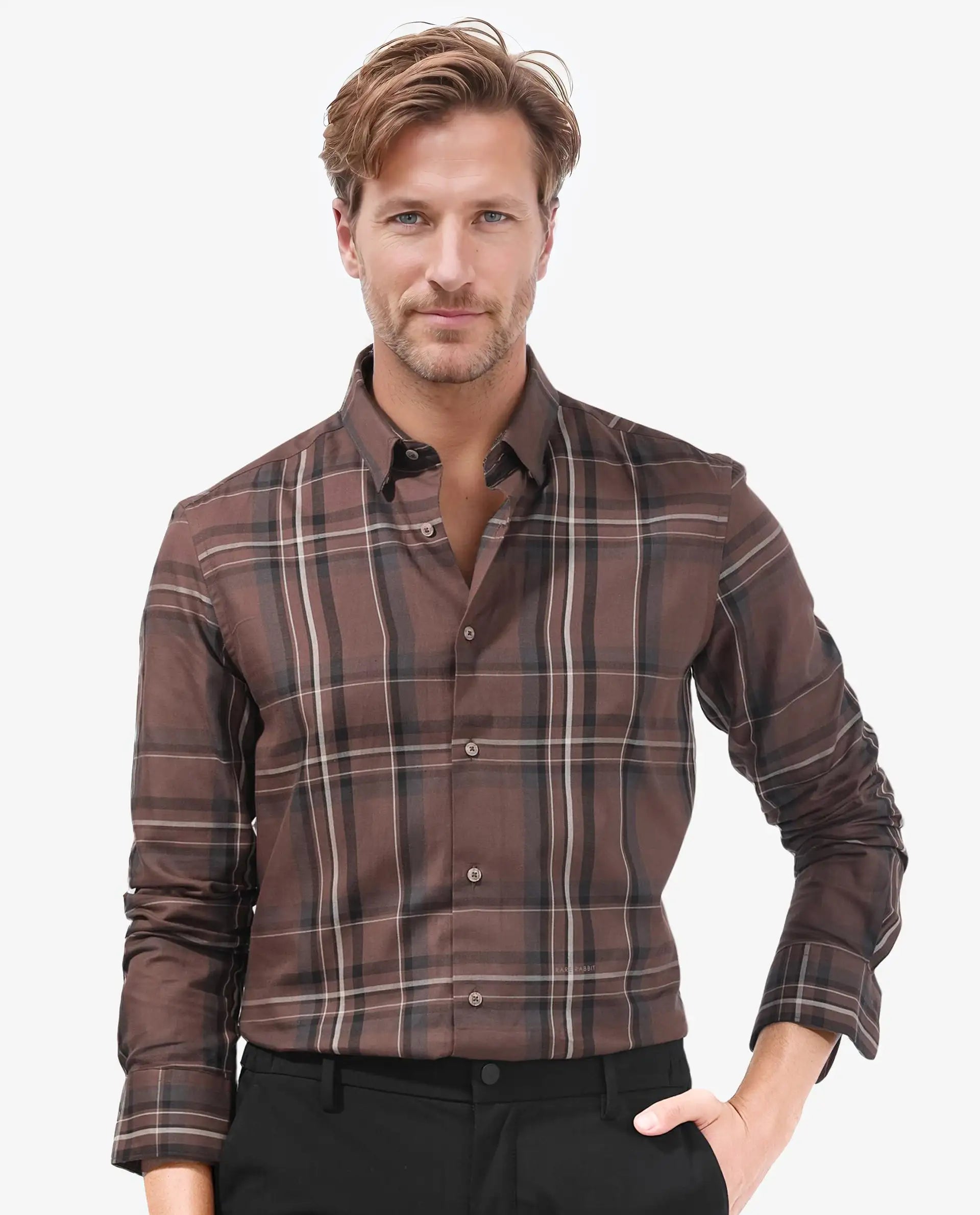 Rare Rabbit Men's Cosen Dark Brown Full Sleeves Checks Shirt