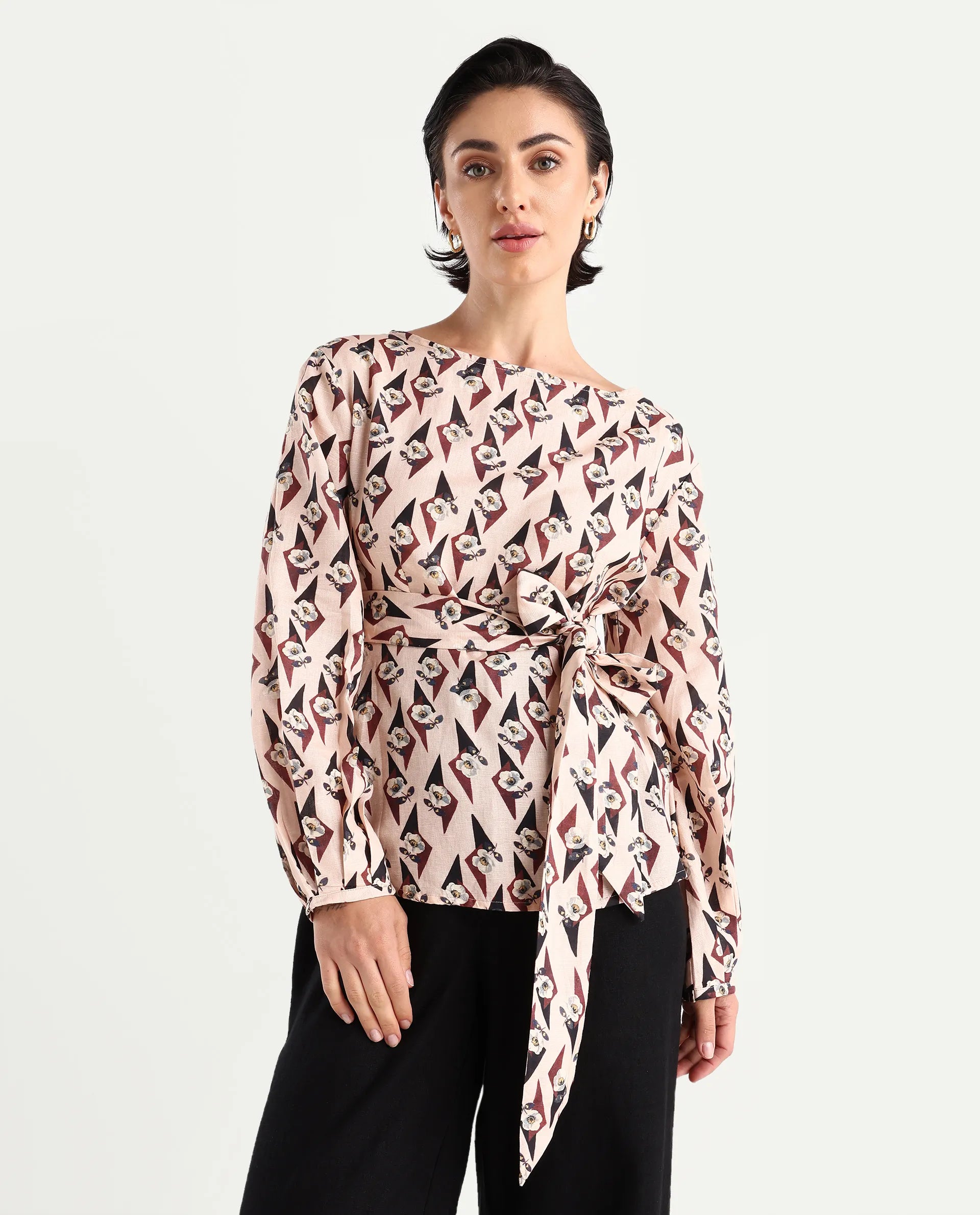 Rareism Women's Cosenza Multi Cotton Blend Boat Neck Floral Print Bishop Sleeve Regular Fit Top