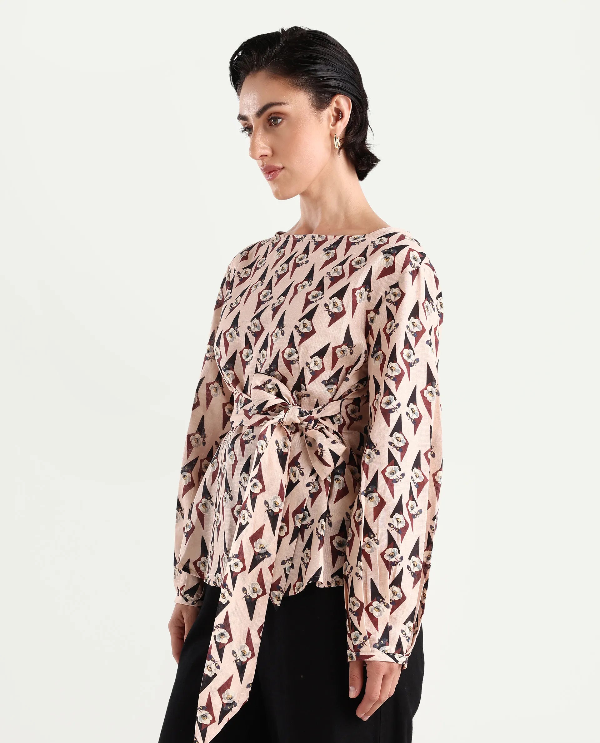 Rareism Women's Cosenza Multi Cotton Blend Boat Neck Floral Print Bishop Sleeve Regular Fit Top