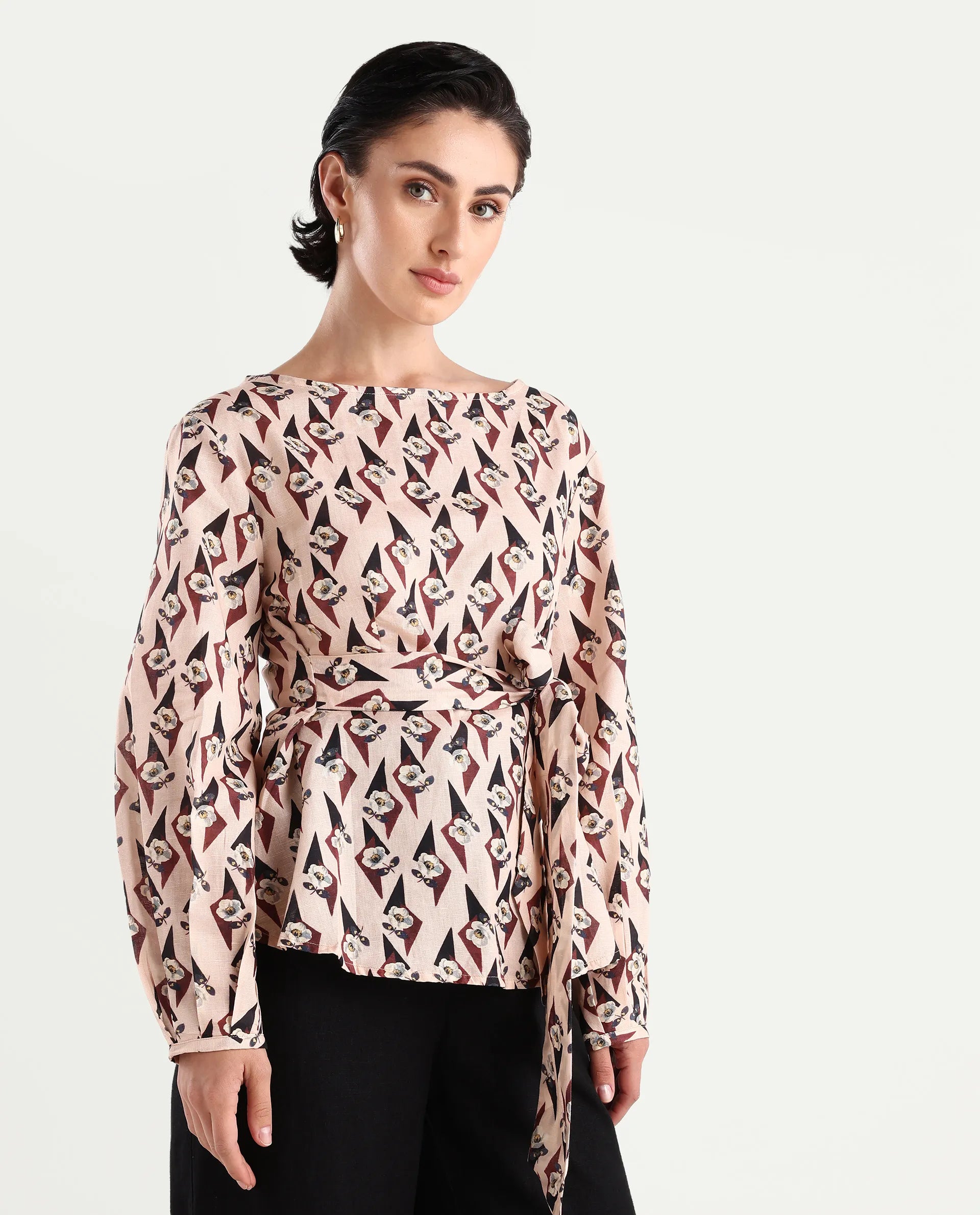 Rareism Women's Cosenza Multi Cotton Blend Boat Neck Floral Print Bishop Sleeve Regular Fit Top