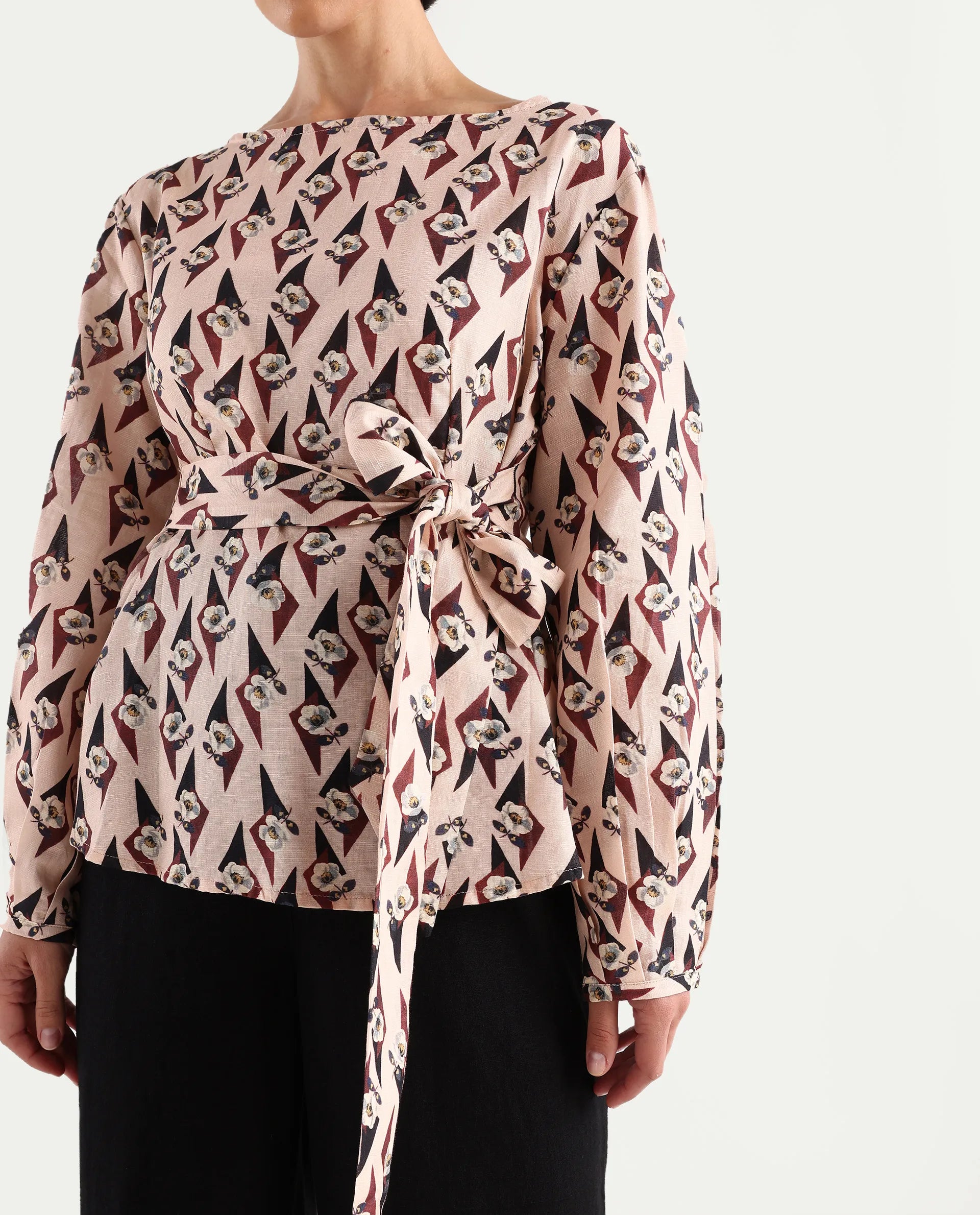 Rareism Women's Cosenza Multi Cotton Blend Boat Neck Floral Print Bishop Sleeve Regular Fit Top