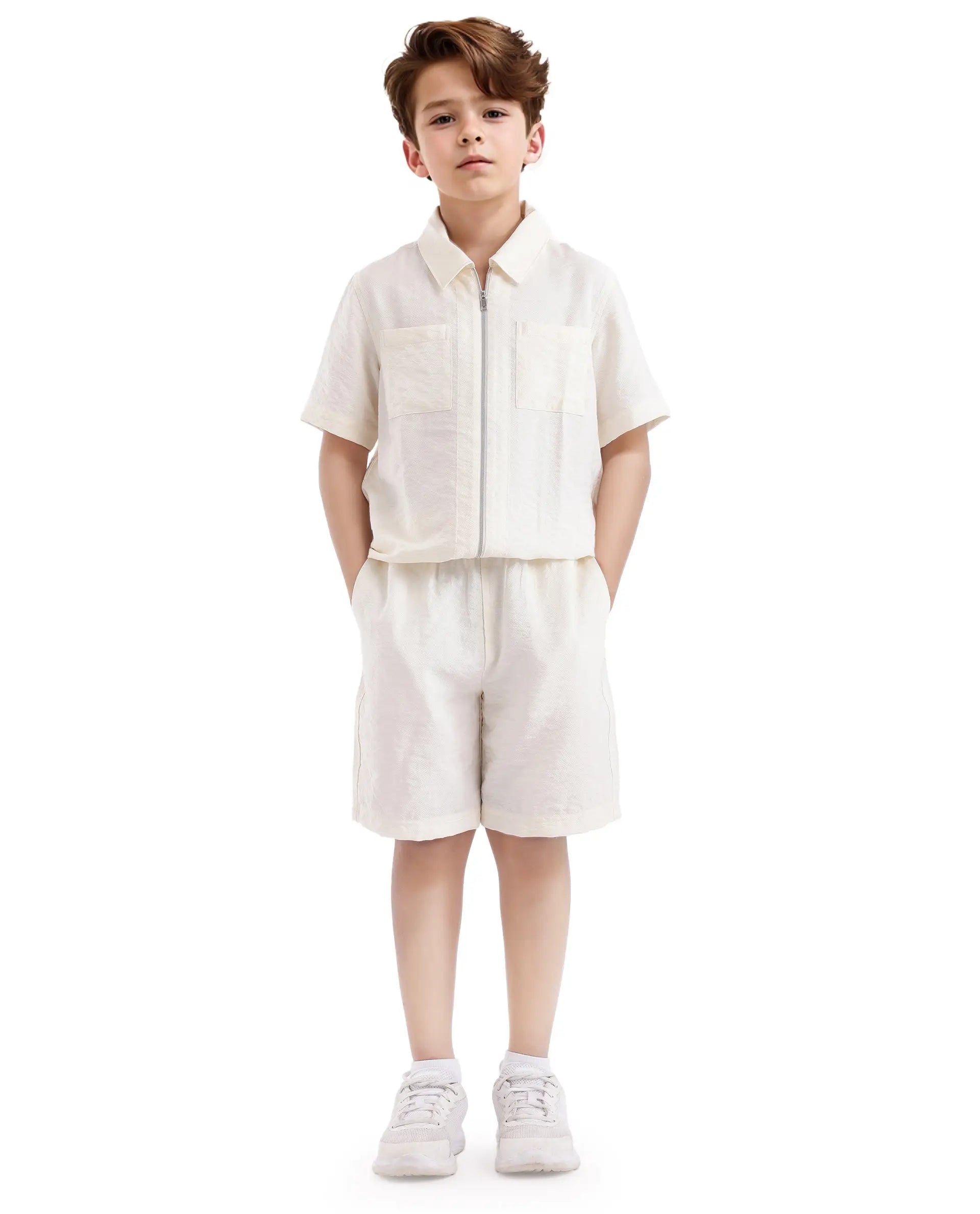 Rare Ones Kids Cosd Off White Viscose Fabric Drawstring Closure Solid Shorts