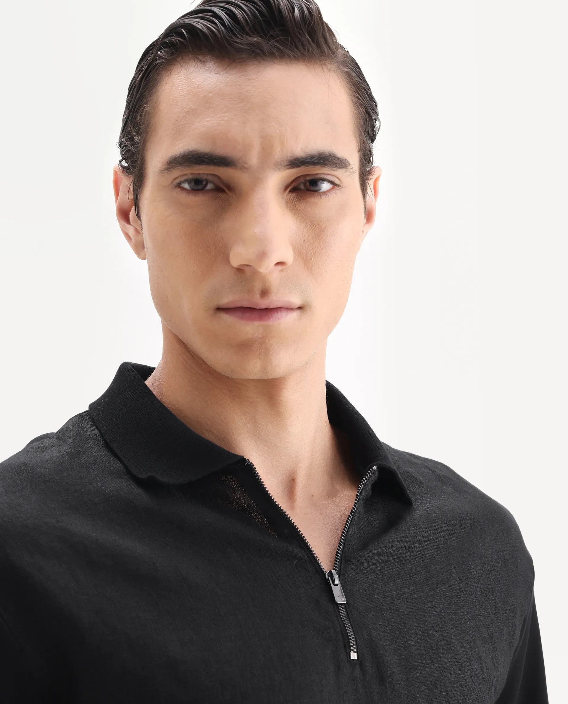 Rare Rabbit Men's Cosma Black Linen Blend Fabric Half Sleeve Spread Collar Plain Polo
