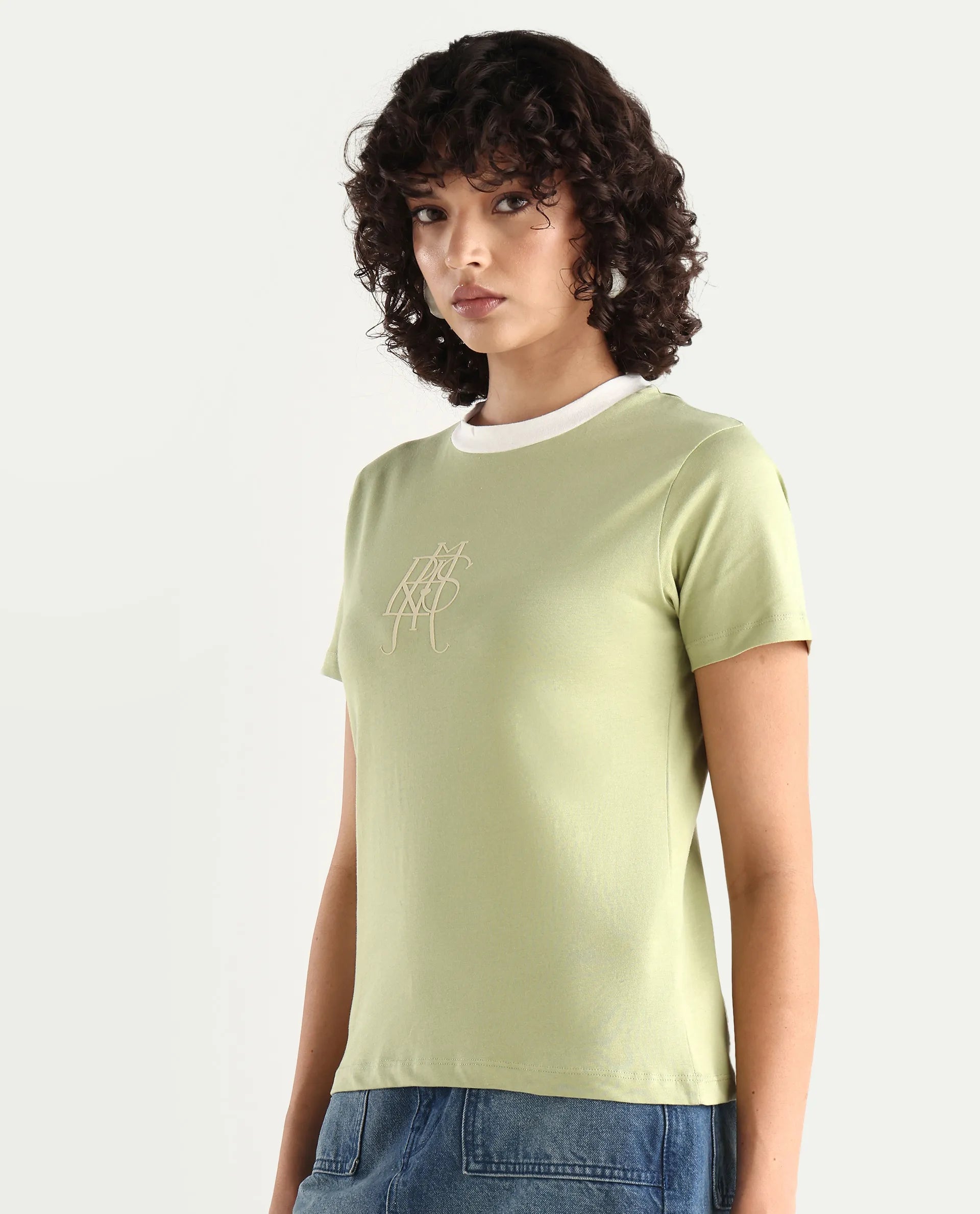 Rareism Women's Cosme Light Green Cotton Blend Crew Neck Graphic Print Regular Fit T-Shirt