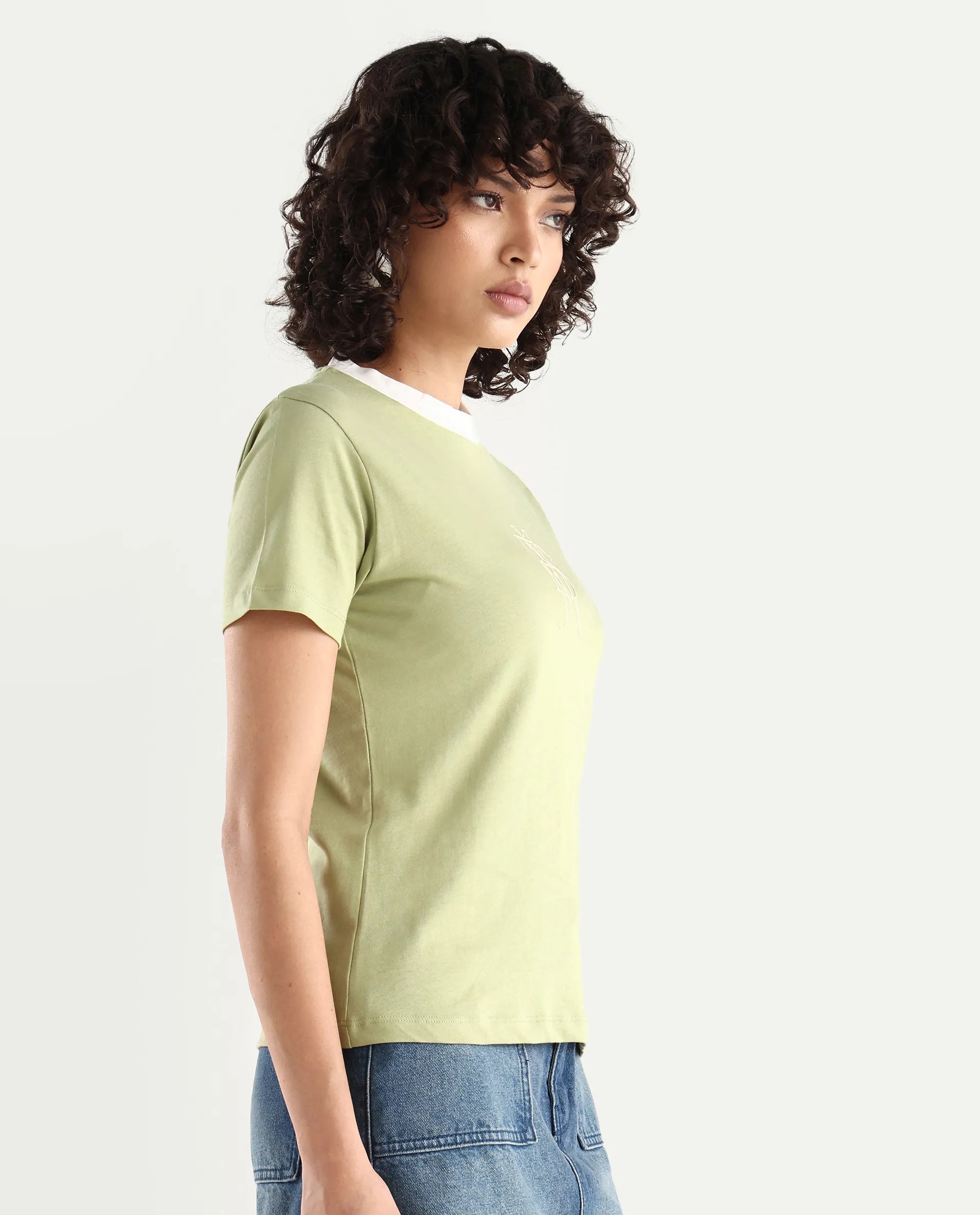 Rareism Women's Cosme Light Green Cotton Blend Crew Neck Graphic Print Regular Fit T-Shirt